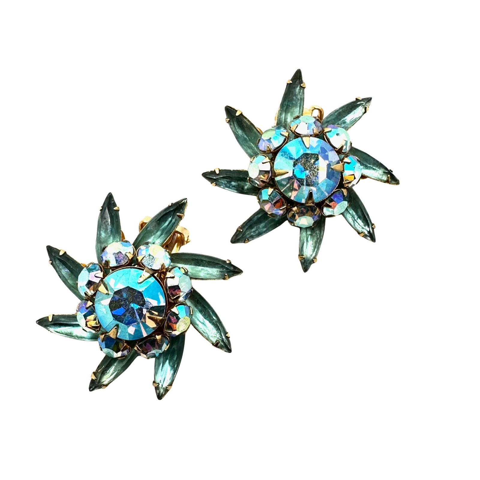 Vintage Judy Lee Blue Glass Rhinestone Gold Tone Clip Earrings 1 Inch: Vintage Judy Lee Blue Glass Rhinestone Gold Tone Clip Earrings 1 Inch