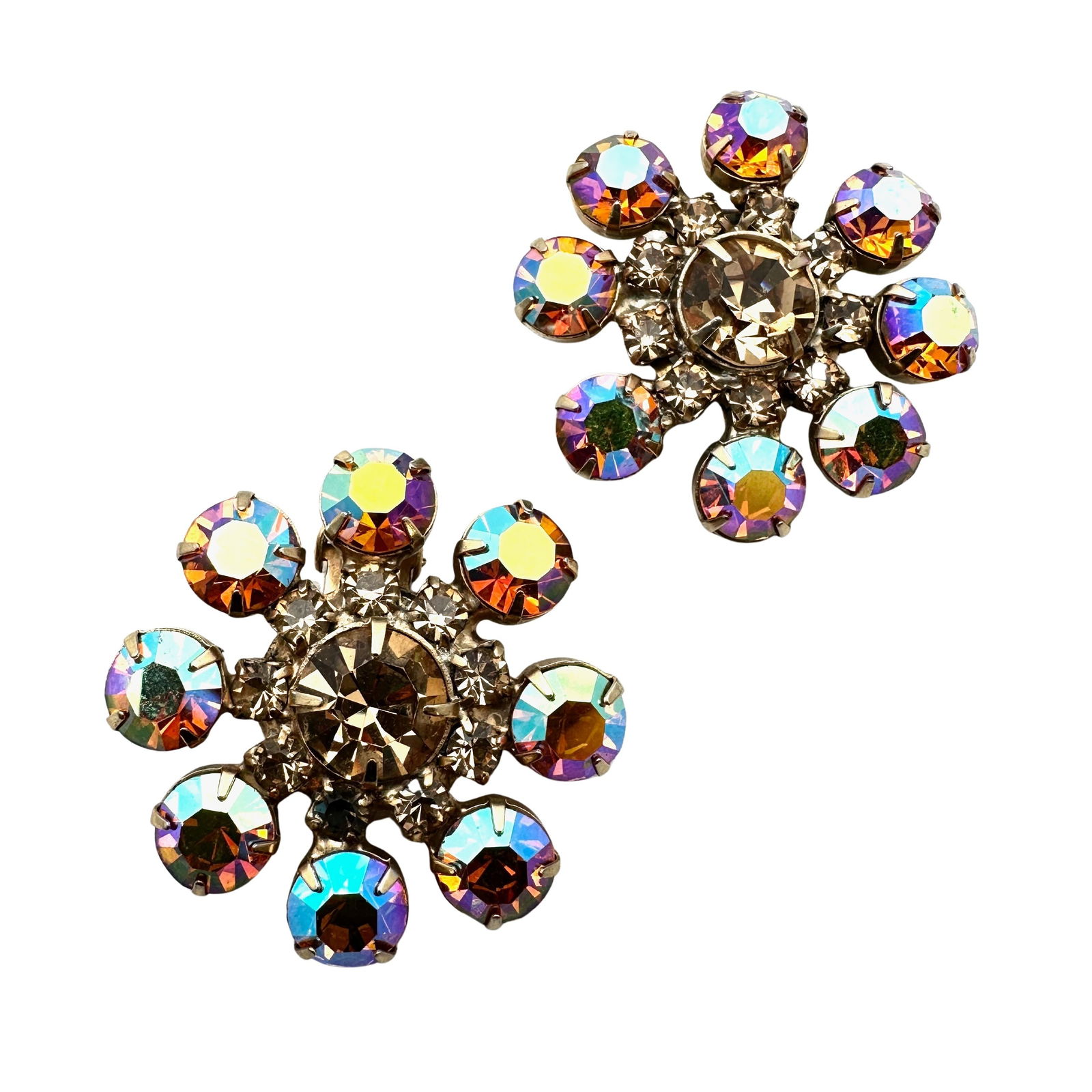 Vintage Amber Aurora Borealis Glass Rhinestone Gold Tone Clip Earrings 1.5 Inch: Vintage Amber Aurora Borealis Glass Rhinestone Gold Tone Clip Earrings 1.5 Inch