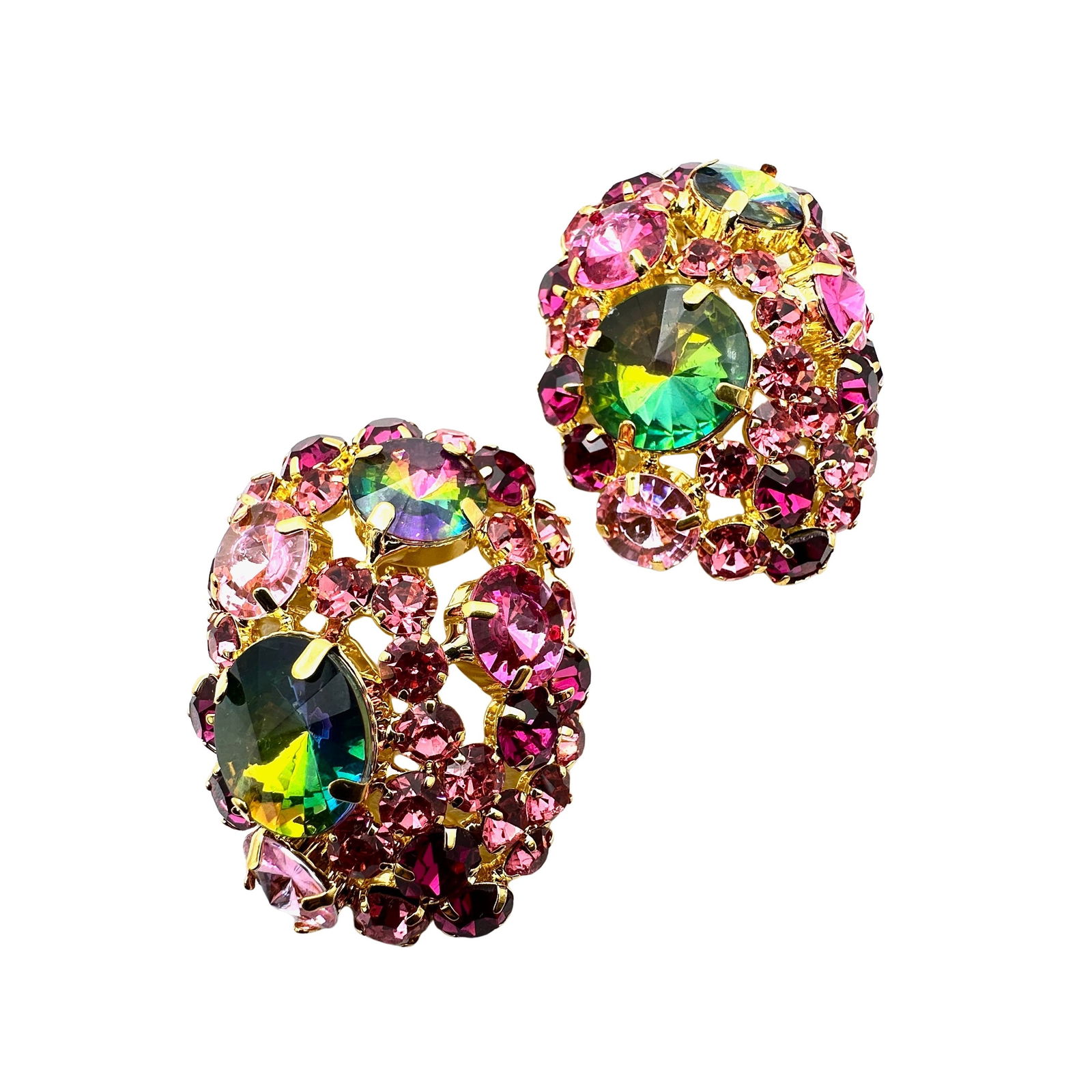 Oversized Rivoli Glass Rhinestone Pink Gold tone Statement Earrings Clip 2 Inch (1 of 2)