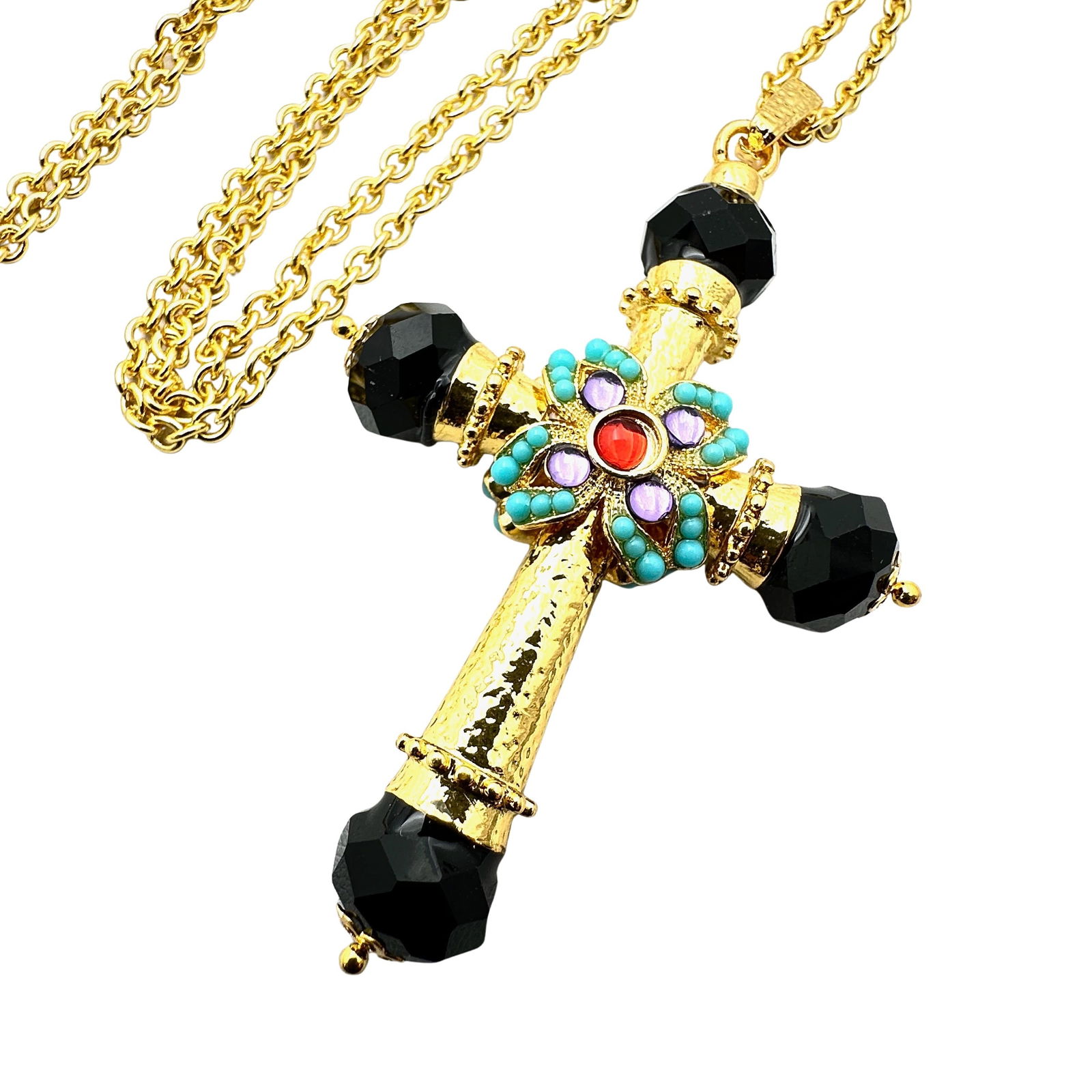 Jewel Tone Rhinestone Gold Tone 3 Inch Cross Pendant Necklace 24 to 26 Inch Chain: Jewel Tone Rhinestone Gold Tone 3 Inch Cross Pendant Necklace 24 to 26 Inch Chain