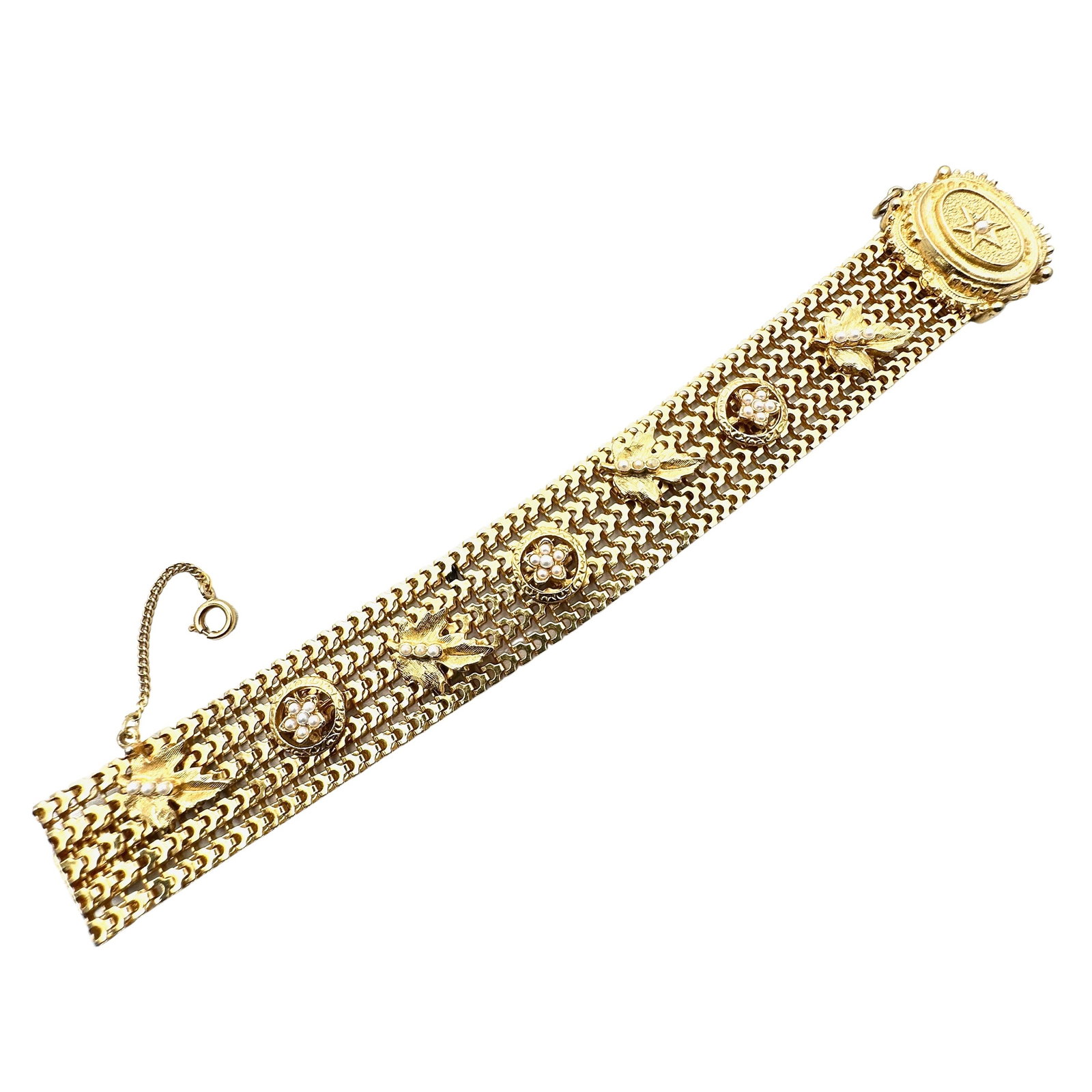 Vintage Faux Pearl Gold Tone Wide Bracelet 7 Inch Victorian Revival: Vintage Faux Pearl Gold Tone Wide Bracelet 7 Inch Victorian Revival
