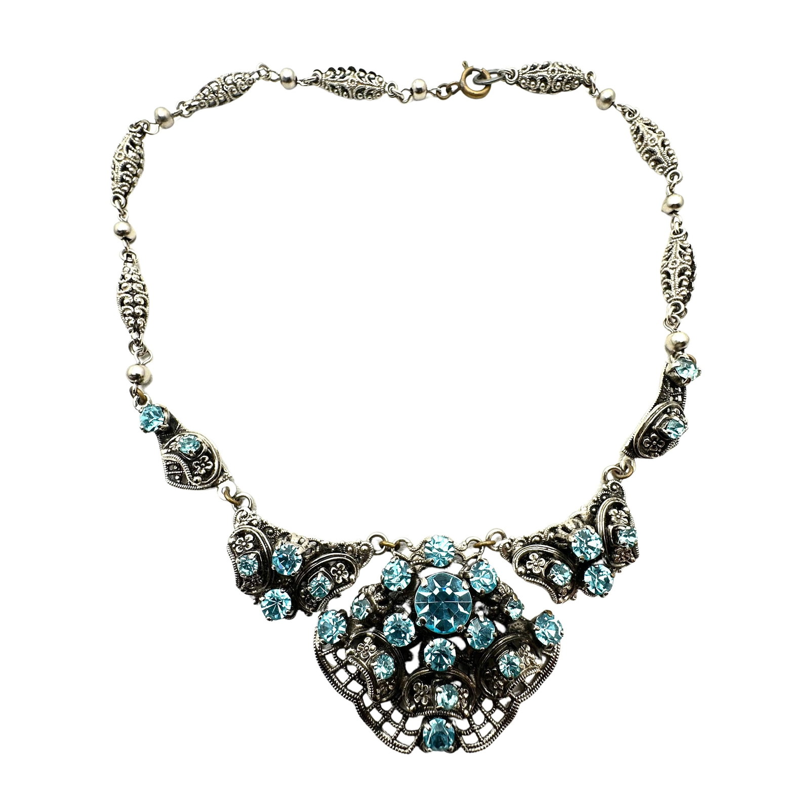 Antique Vintage Blue Glass Rhinestone Silver Tone Filigree Necklace 15 Inch: Antique Vintage Blue Glass Rhinestone Silver Tone Filigree Necklace 15 Inch