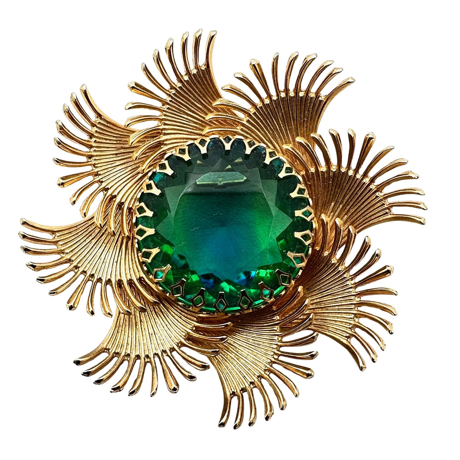 Vintage Blue Green Glass Rhinestone Gold Tone Statement Brooch Pin 2.5 Inch (1 of 2)