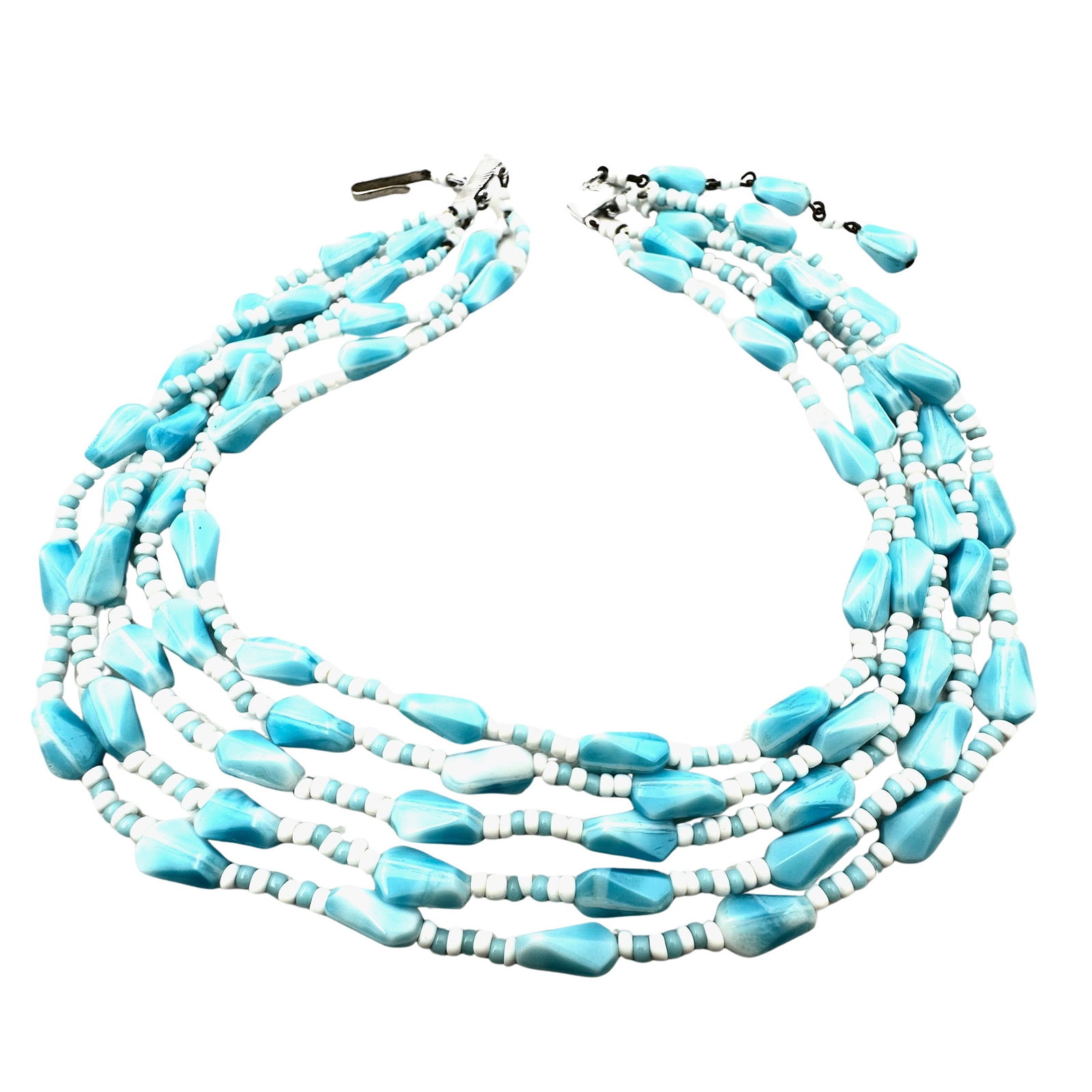 Vintage West Germany Blue White Glass Bead Multi Strand Necklace Silver Tone 16 to 18 Inch (1 of 2)