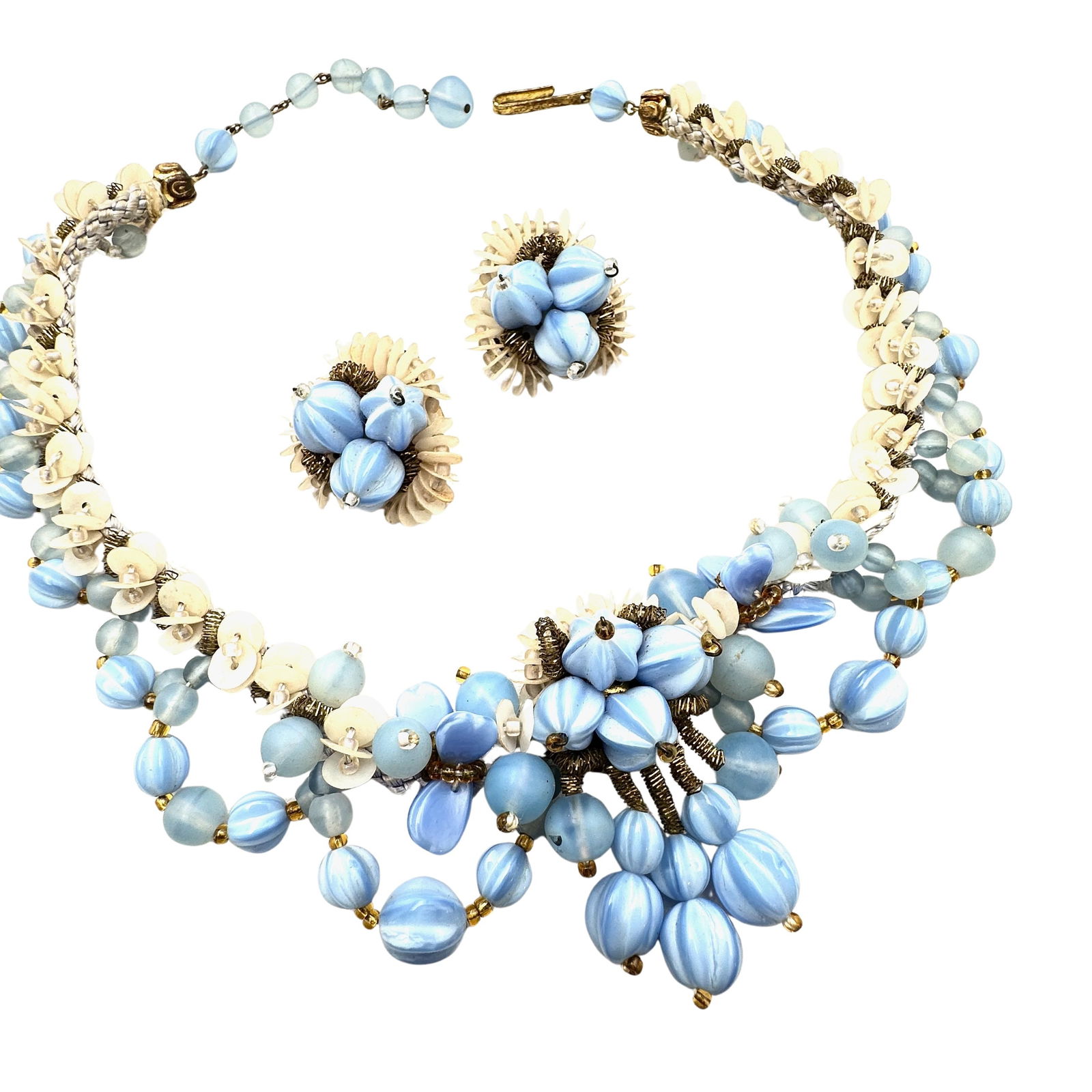 Vintage West Germany Blue Glass Bead 15 Inch Necklace Clip Earrings Set (1 of 2)