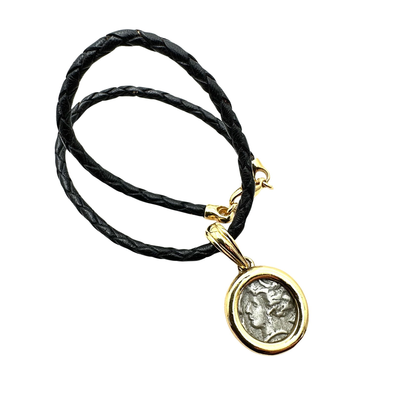 Vintage Gold Silver Tone Antique Coin Pendant Black Leather Necklace: Vintage Gold Silver Tone Antique Coin Pendant Black Leather Necklace