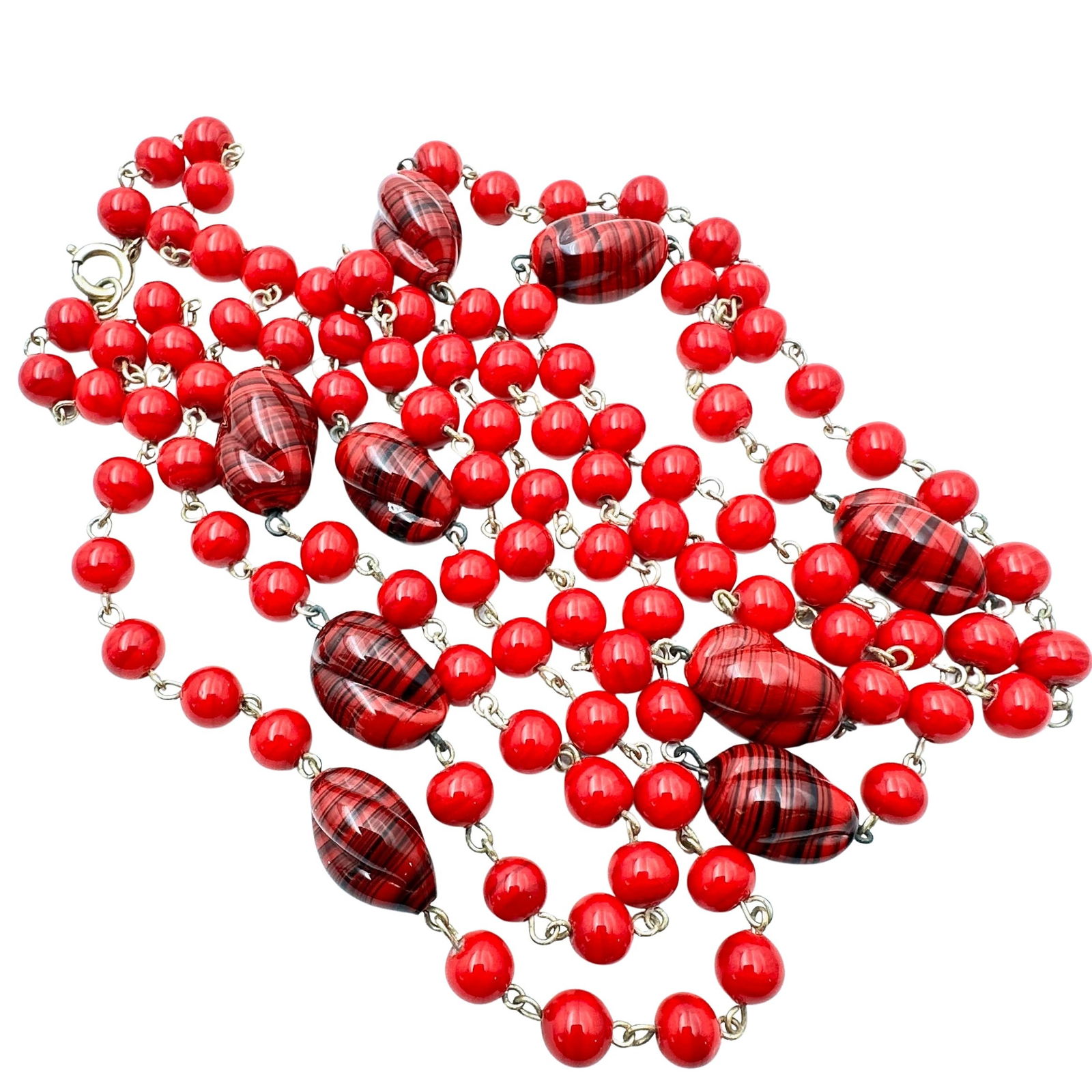 Vintage Czech Glass Bead Necklace Red Black Long Length 48 Inches (1 of 2)
