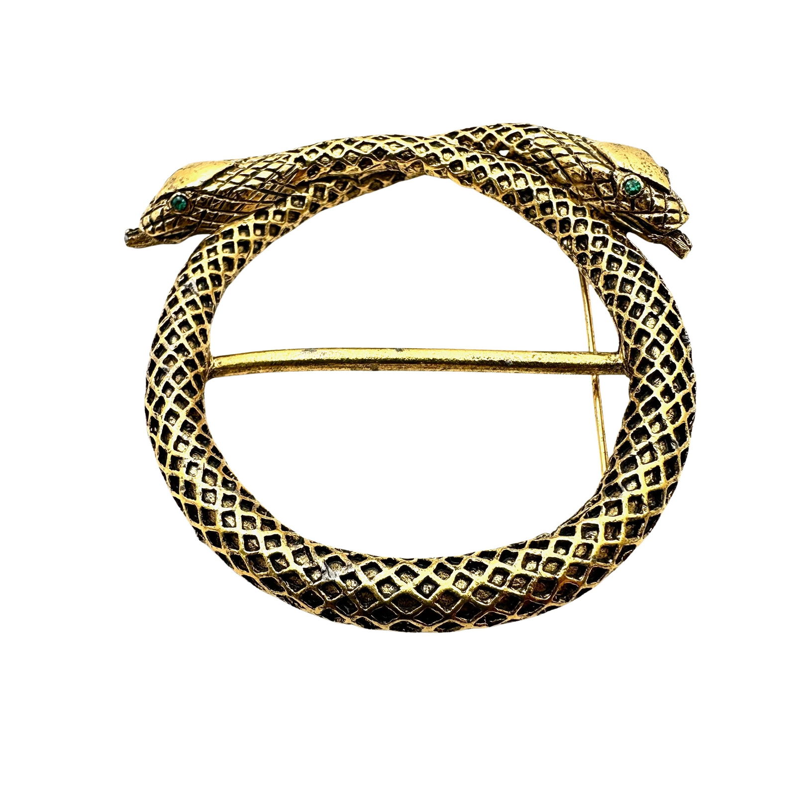 Vintage Antiqued Gold Tone Snake Brooch Belt Sash Pin 3 Inch Green Rhinestone Eyes (1 of 2)