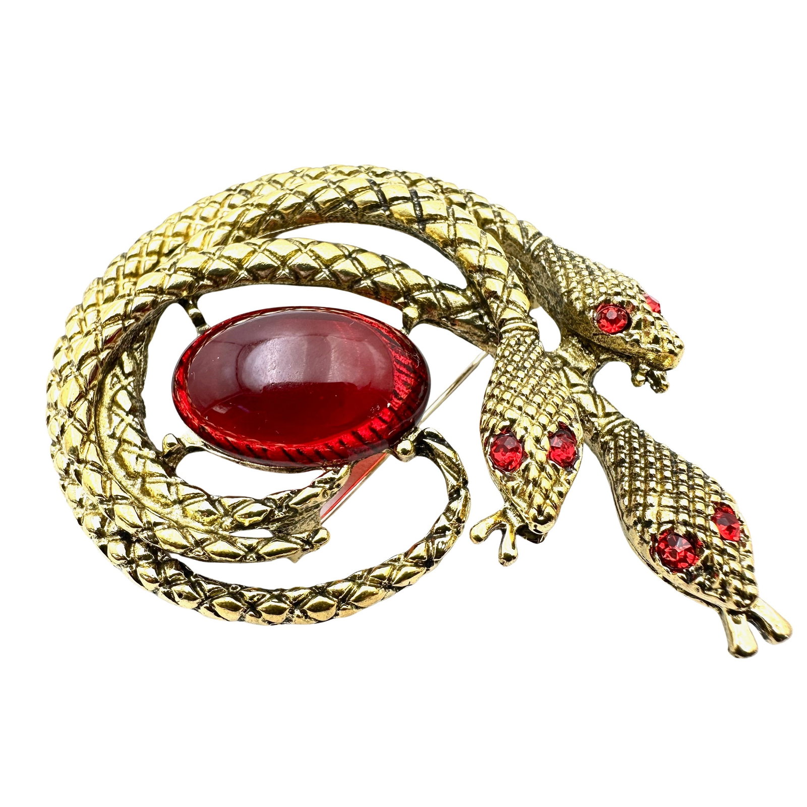 Antiqued Gold Tone Red Rhinestone Snakes Brooches Pins 3 Inch: Antiqued Gold Tone Red Rhinestone Snakes Brooches Pins 3 Inch