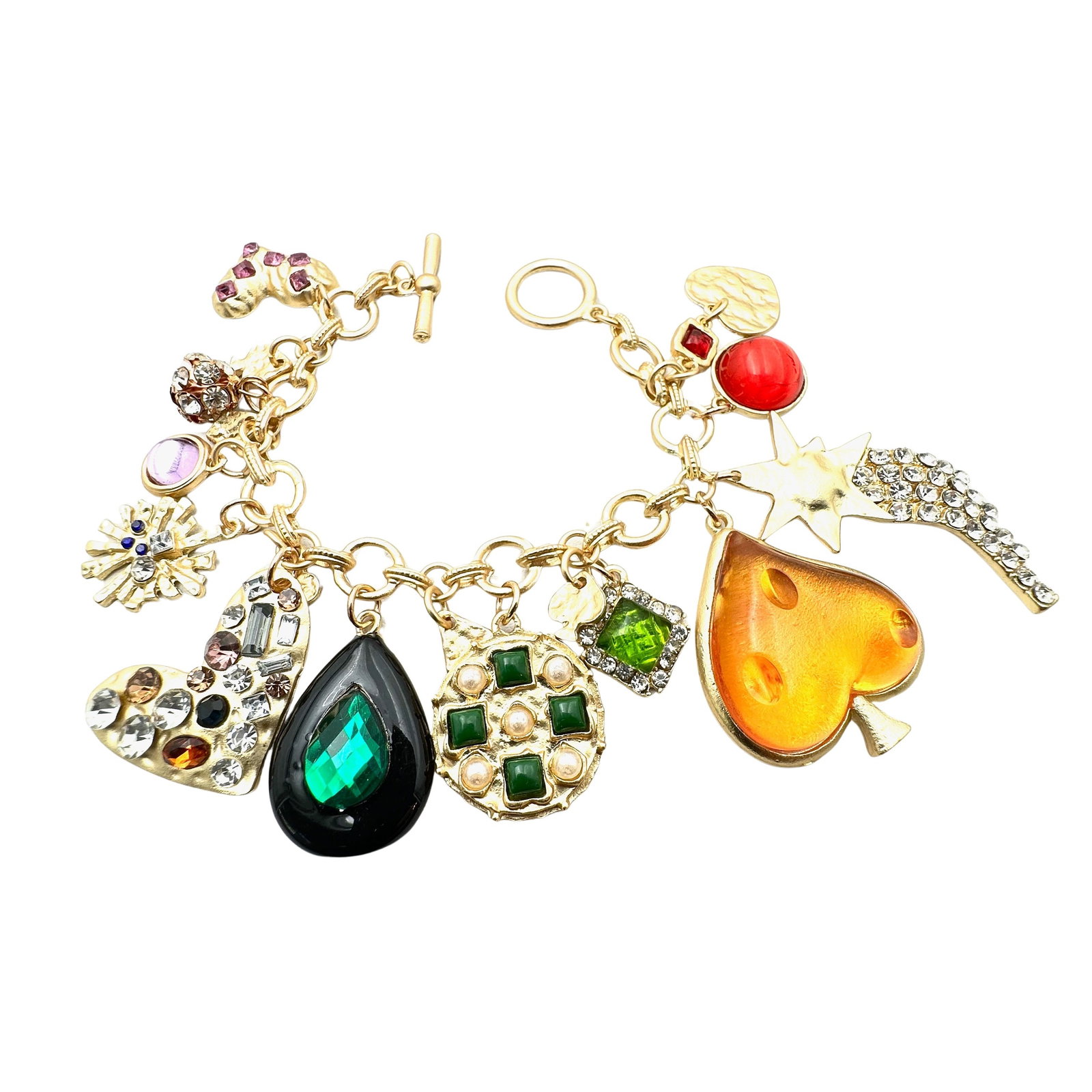 Matte Gold Tone Multicolor Charm Bracelet 7 Inch Heart Spade: Matte Gold Tone Multicolor Charm Bracelet 7 Inch Heart Spade