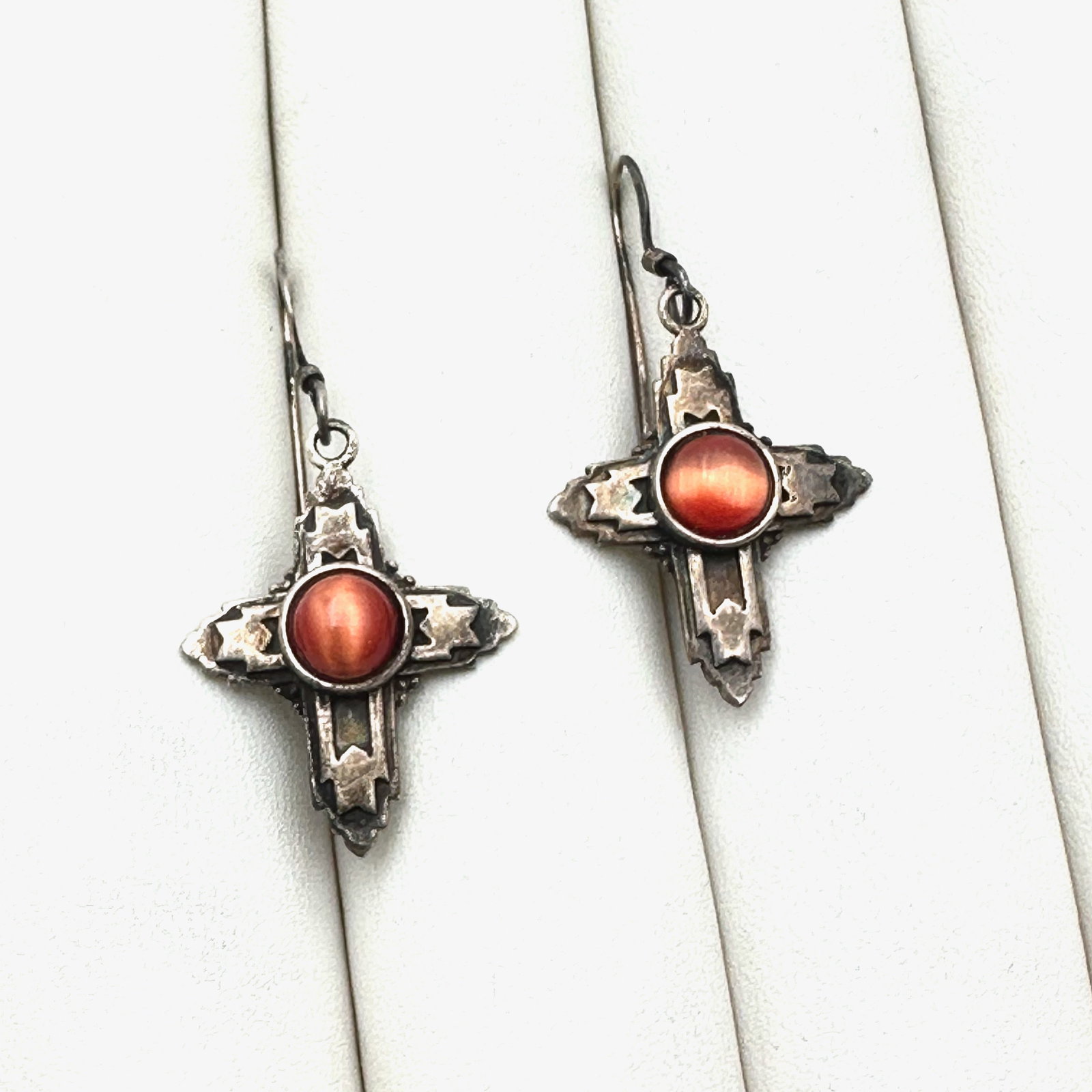 Orange Cats Eye Sterling Silver Cross Pierced Earrings 1.5 Inch: Orange Cats Eye Sterling Silver Cross Pierced Earrings 1.5 Inch