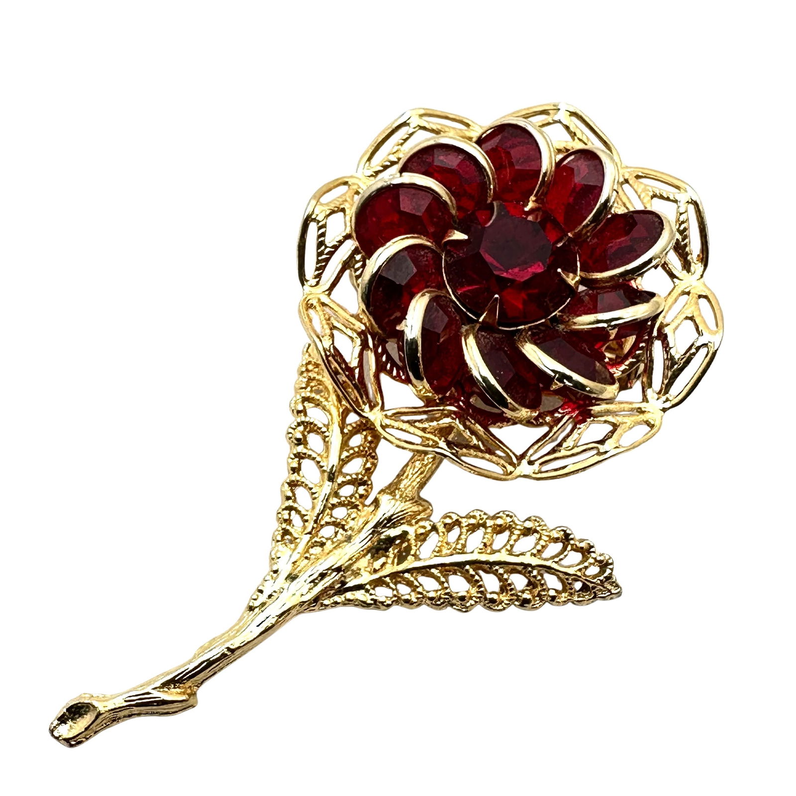 Vintage Red Glass Crystal Rhinestone Gold Tone Flower Brooch Pin 2.75 Inch (1 of 2)