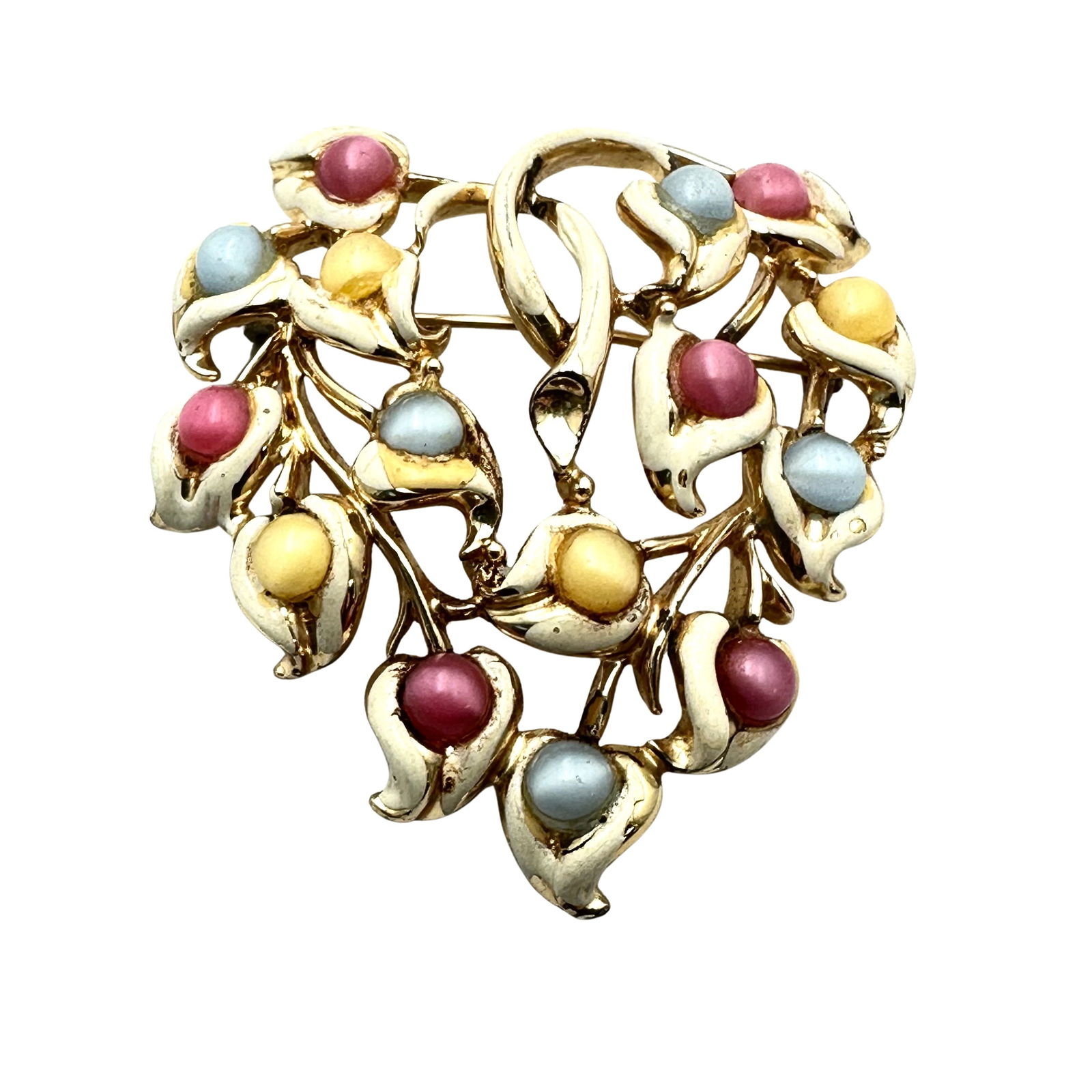 Vintage Coro Pink Blue Yellow Cats Eye Cabochon Cream Enamel Gold Tone Brooch Pin 2 Inch: Vintage Coro Pink Blue Yellow Cats Eye Cabochon Cream Enamel Gold Tone Brooch Pin 2 Inch