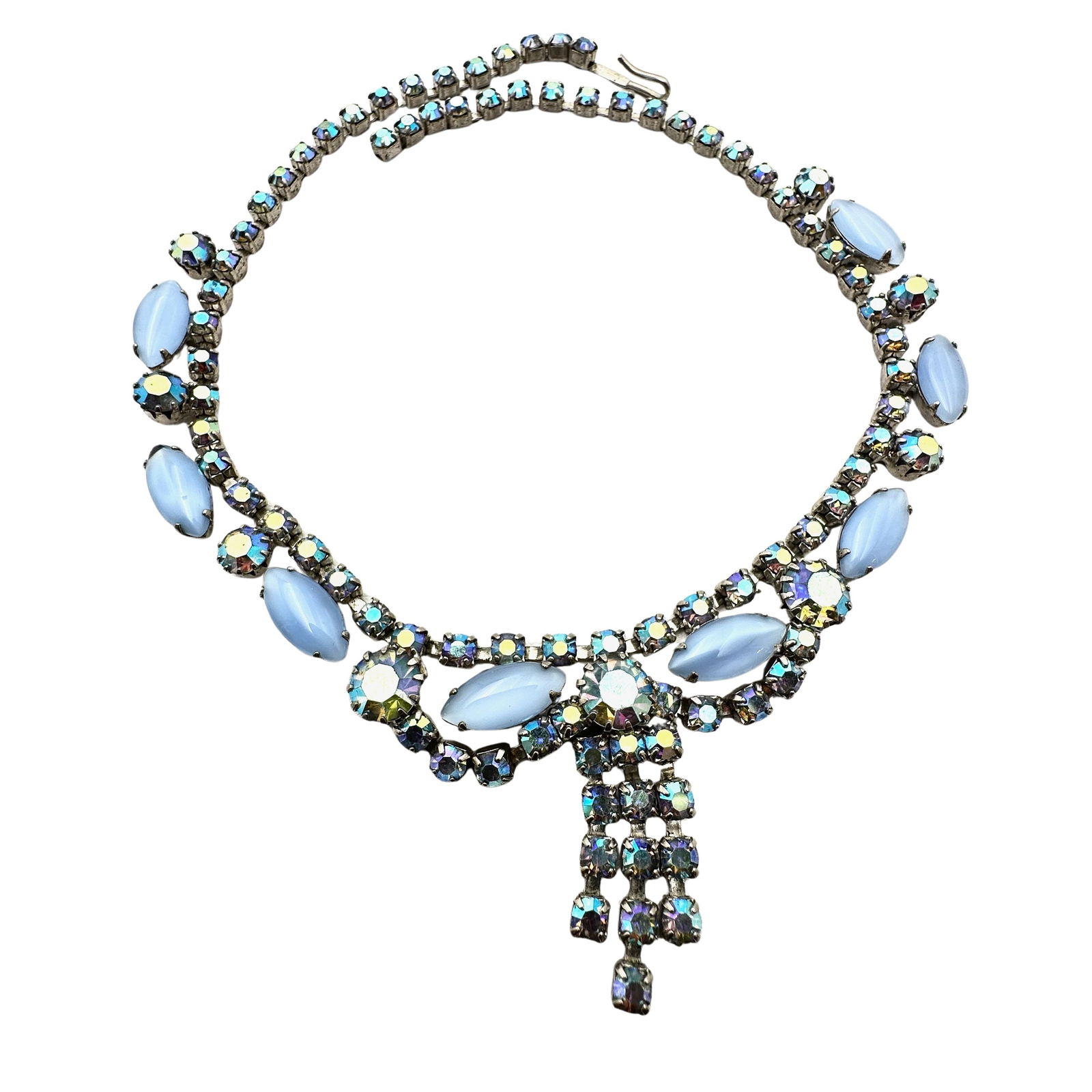 Vintage Light Blue Glass Rhinestone Silver Tone Necklace 15 Inch (1 of 2)