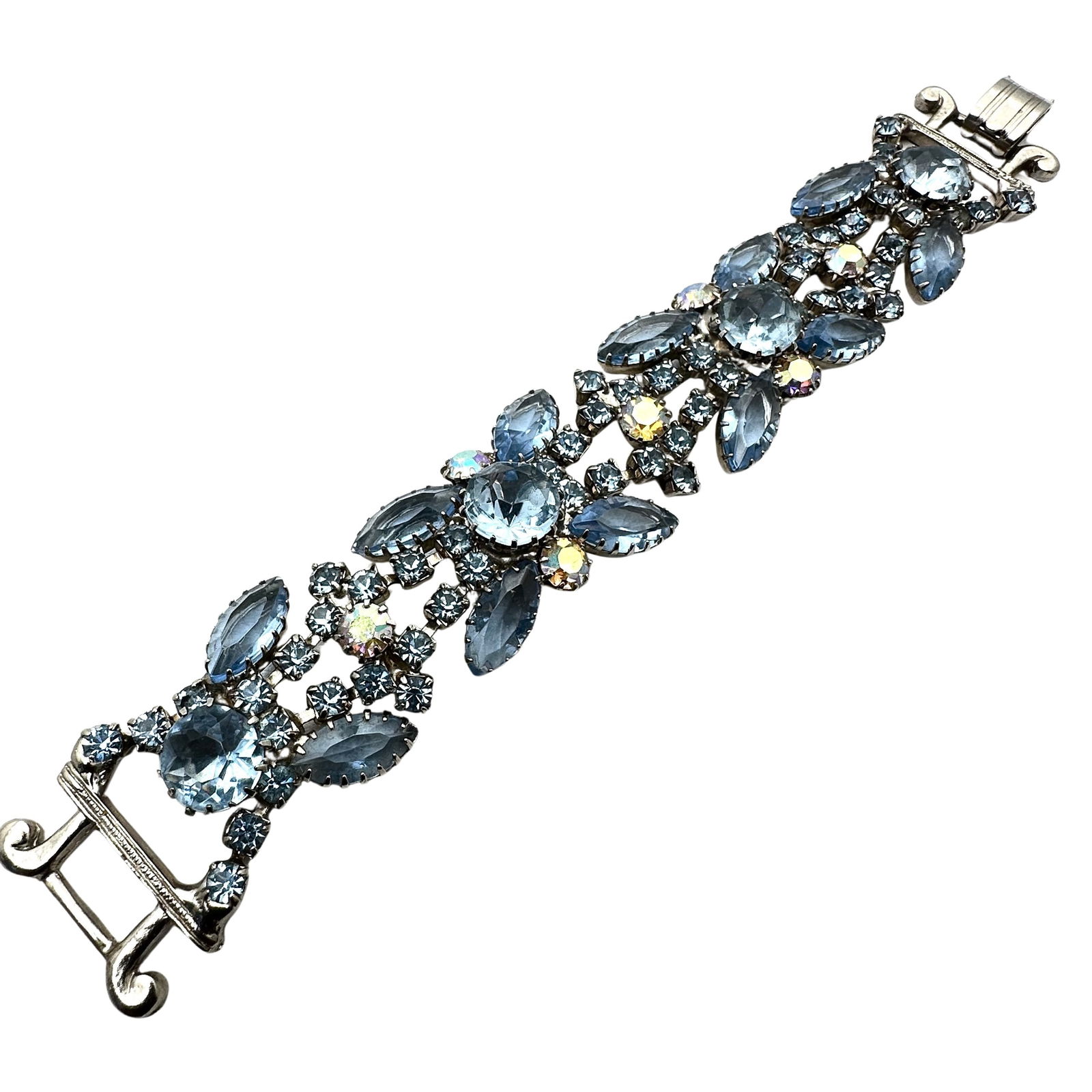 Vintage Juliana Blue Glass Rhinestone Silver Tone Wide Bracelet 7 Inch (1 of 3)