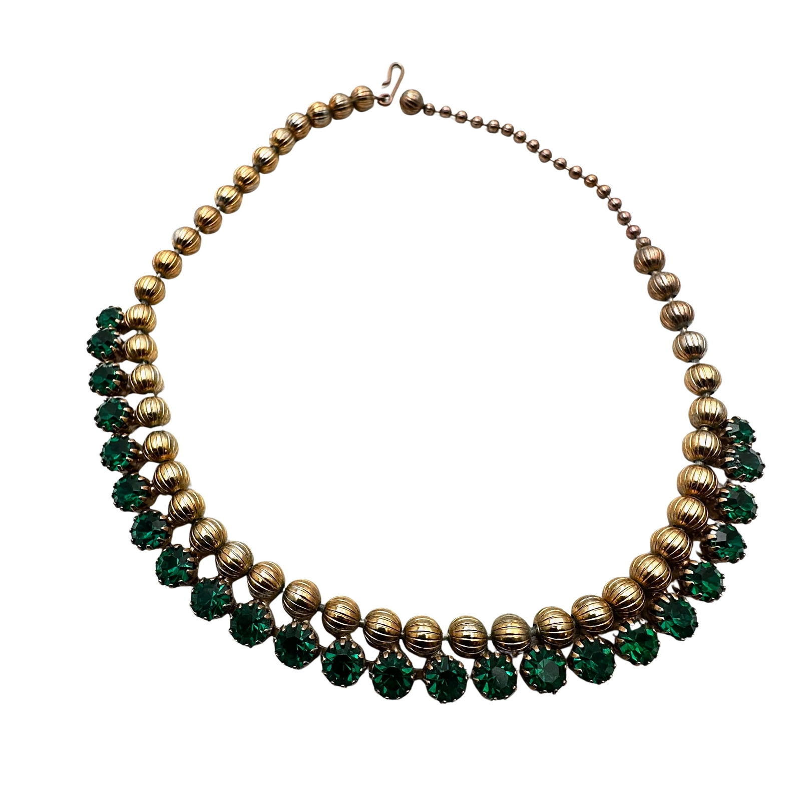Vintage High End Emerald Green Glass Rhinestone Antiqued Gold Tone Necklace 15 Inch: Vintage High End Emerald Green Glass Rhinestone Antiqued Gold Tone Necklace 15 Inch