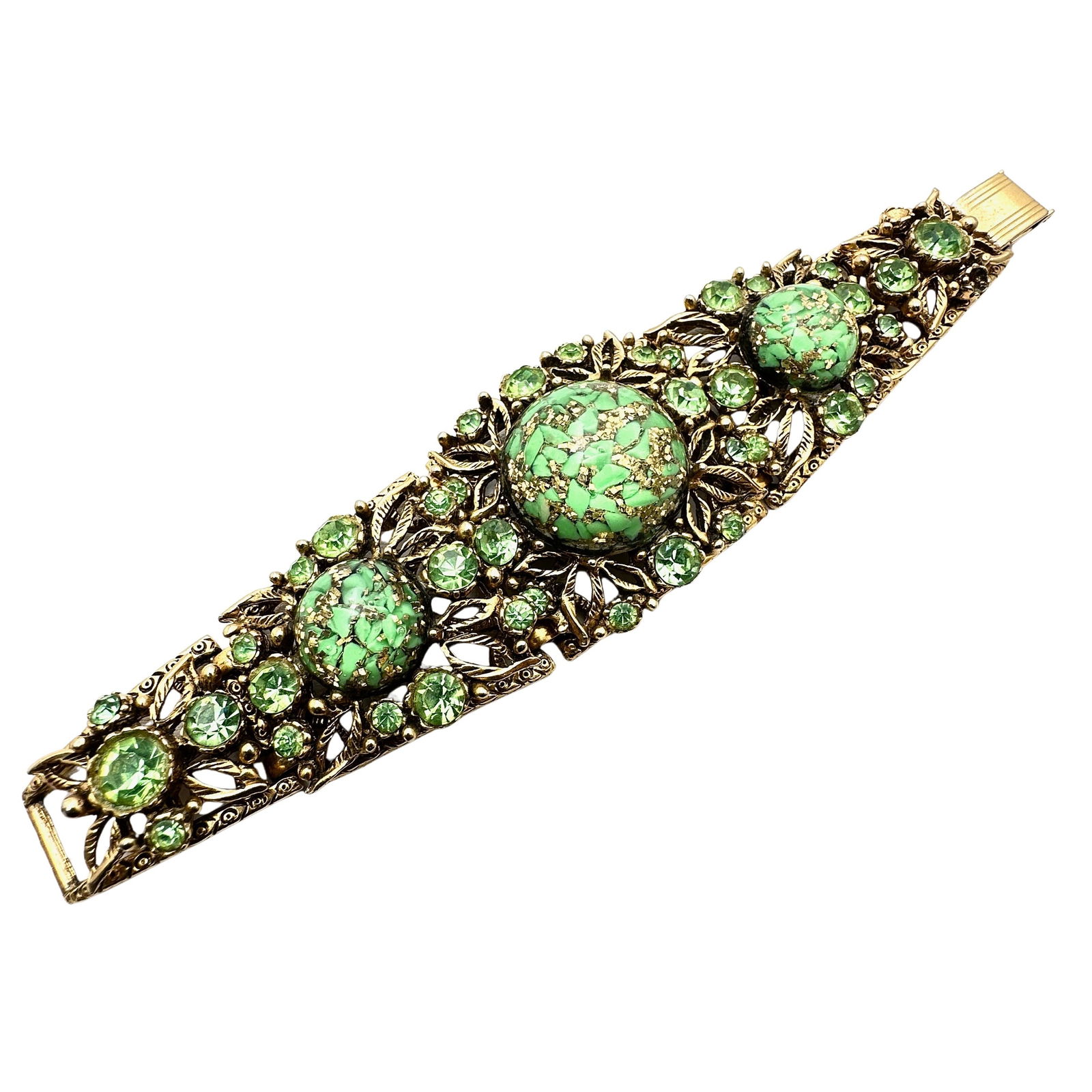 Stunning High End Vintage Green And Gold Cabochon Rhinestone Gold Tone Wide Bracelet 7 Inch (1 of 2)