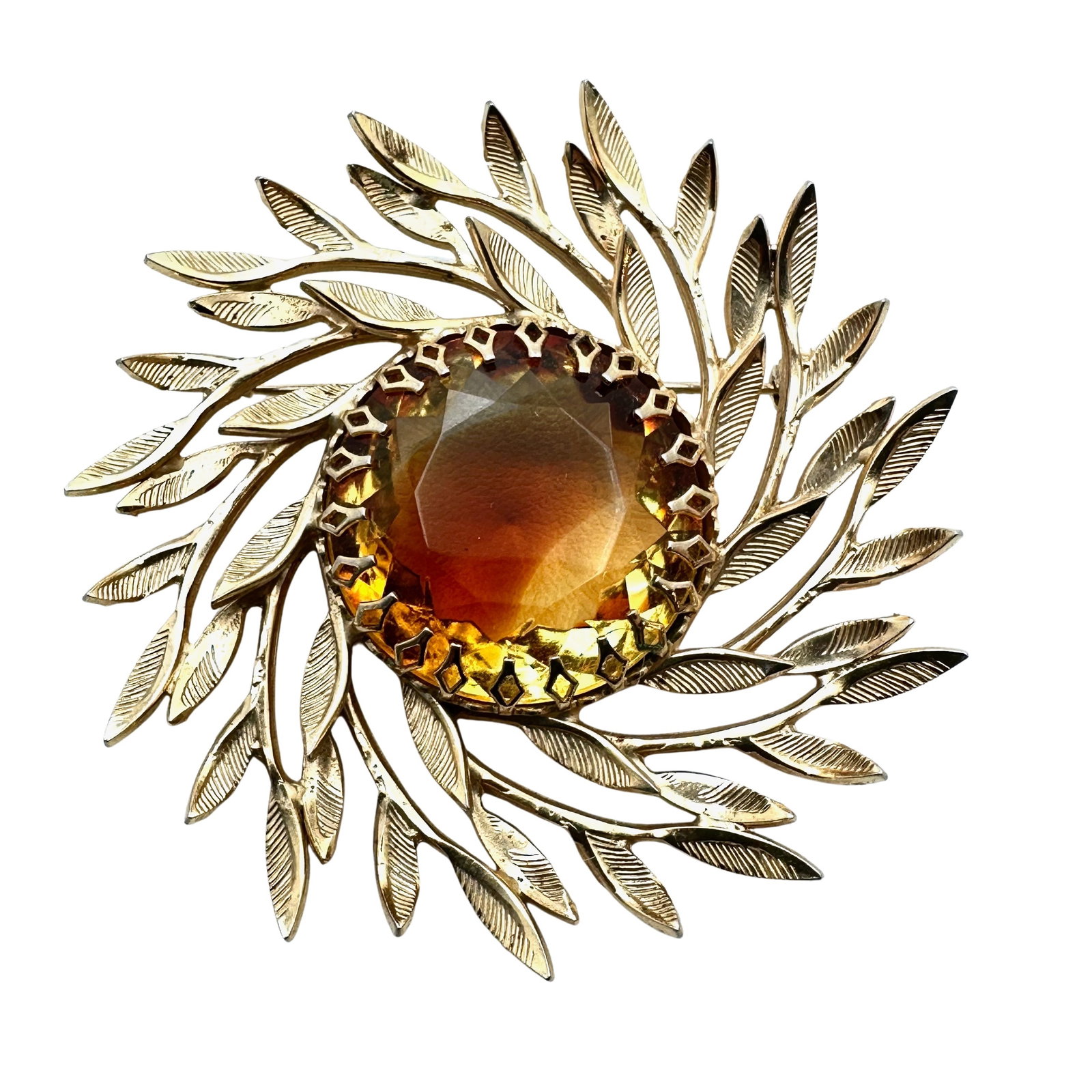 Vintage Orange Yellow Glass Stone Gold tone Brooch Pin 2.5 Inch: Vintage Orange Yellow Glass Stone Gold tone Brooch Pin 2.5 Inch