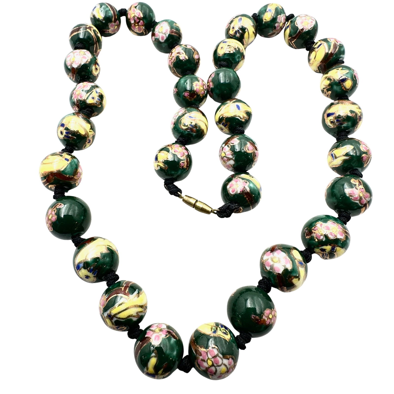 Vintage Chinese Export Cloisonne Bead Necklace 20 Inch large Beads Green Pink Yellow (1 of 2)