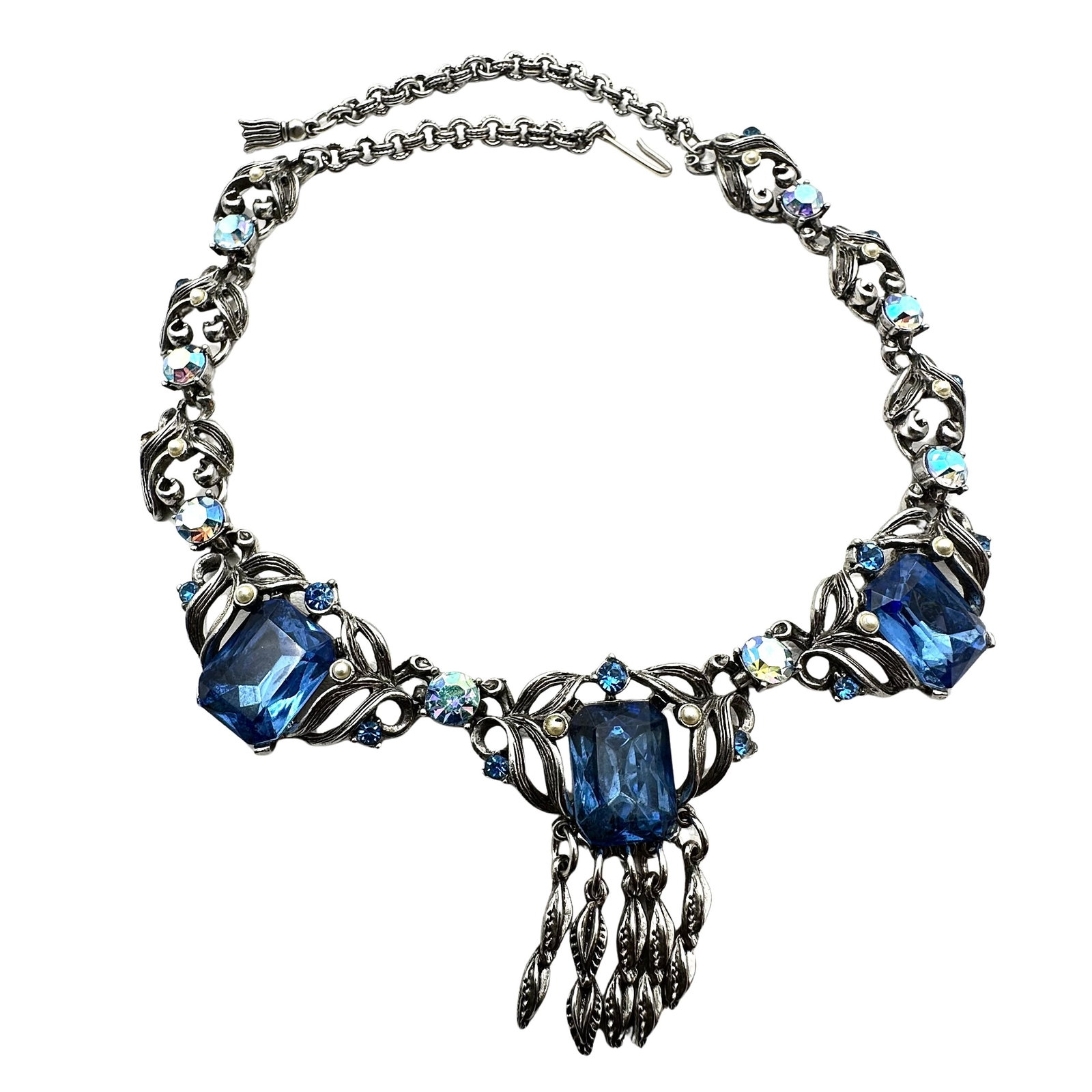Vintage Blue Glass Rhinestone Silver Tone Necklace 16 Inch: Vintage Blue Glass Rhinestone Silver Tone Necklace 16 Inch