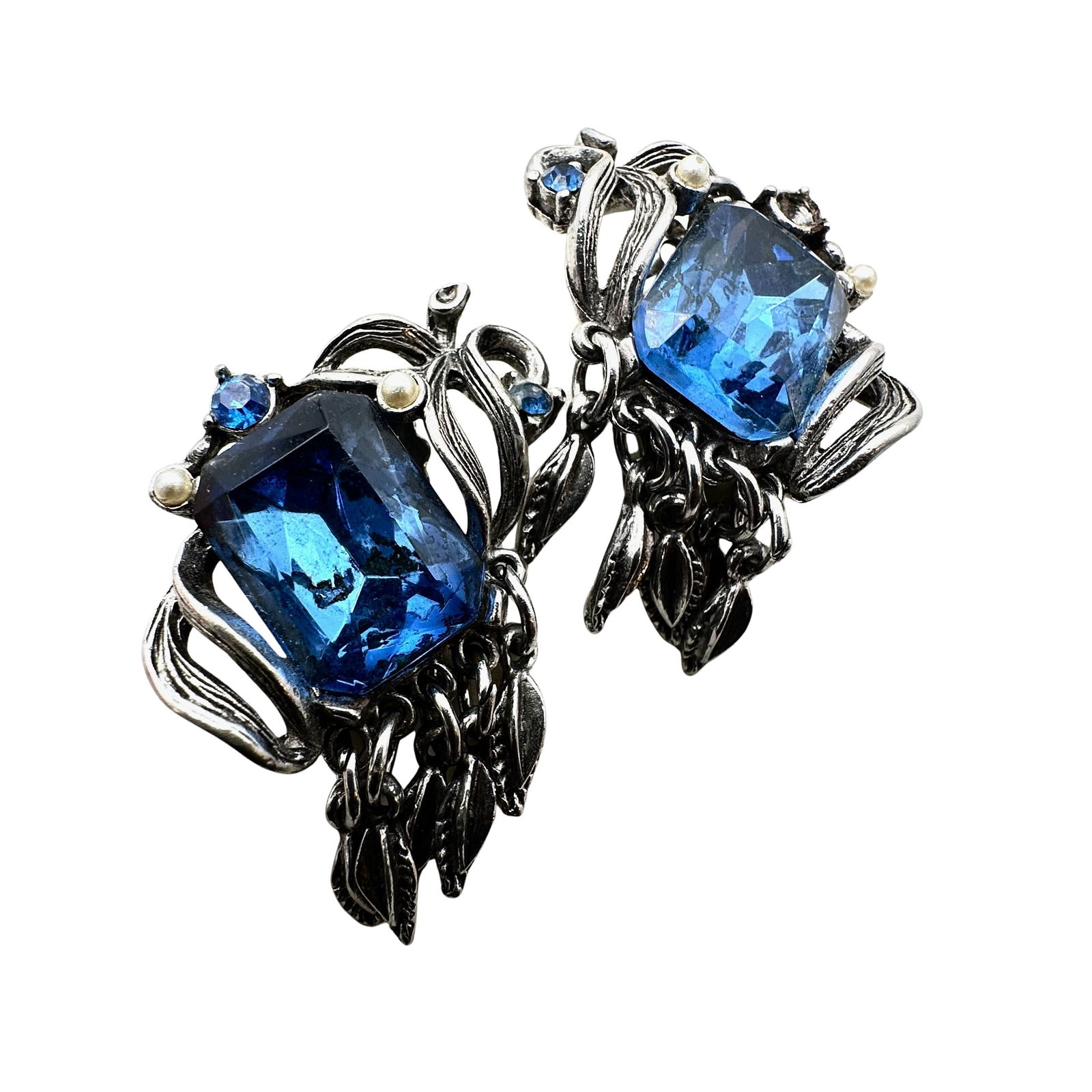 Vintage Blue Glass Rhinestone Silver Tone Clip Earrings 1.5 Inch (1 of 2)