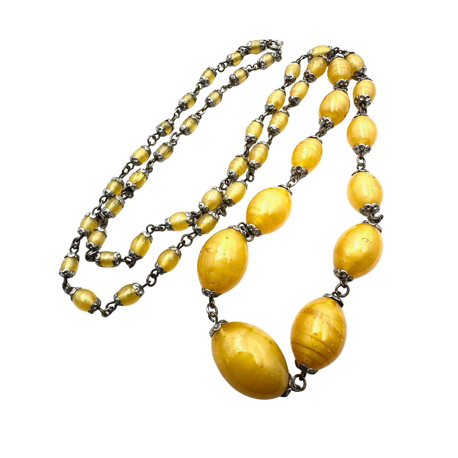 Antique Art Deco Yellow Swirl Czech Glass Bead Necklace Flapper Length 34 Inch: Antique Art Deco Yellow Swirl Czech Glass Bead Necklace Flapper Length 34 Inch