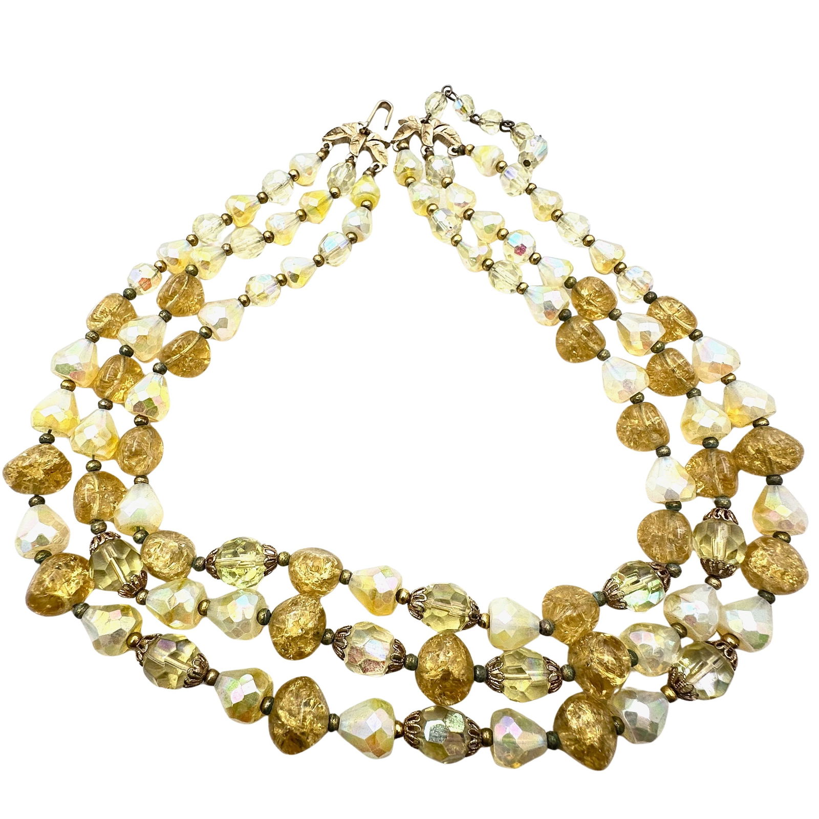 Vintage Trifari Yellow Glass And Crystal Bead Three Strand Gold Tone Necklace 16 Inch: Vintage Trifari Yellow Glass And Crystal Bead Three Strand Gold Tone Necklace 16 Inch