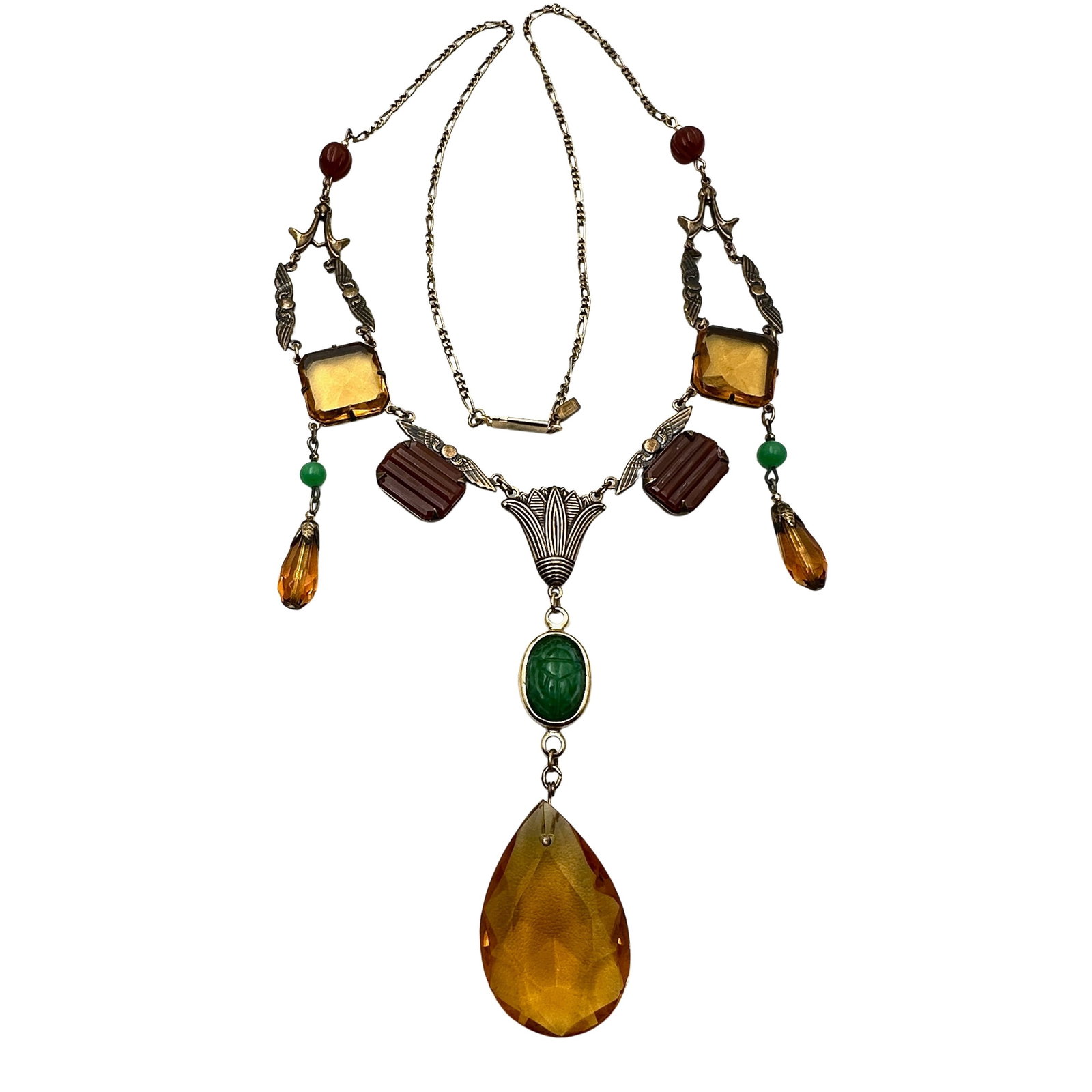 Vintage Sadie Green Art Deco Revival Czech Glass Antiqued Gold Tone Necklace 24 Inch: Vintage Sadie Green Art Deco Revival Czech Glass Antiqued Gold Tone Necklace 24 Inch