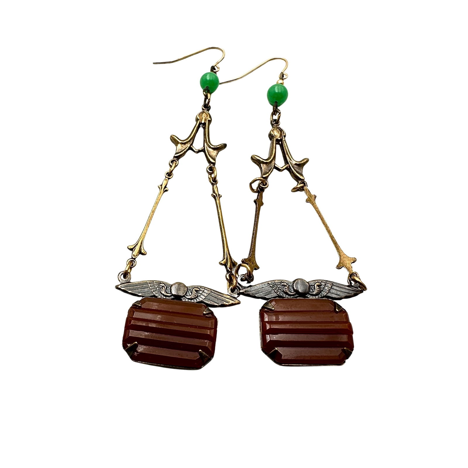 Vintage Sadie Green Art Deco Revival Czech Glass Antiqued Gold Tone Pierced Chandelier Earrings: Vintage Sadie Green Art Deco Revival Czech Glass Antiqued Gold Tone Pierced Chandelier Earrings