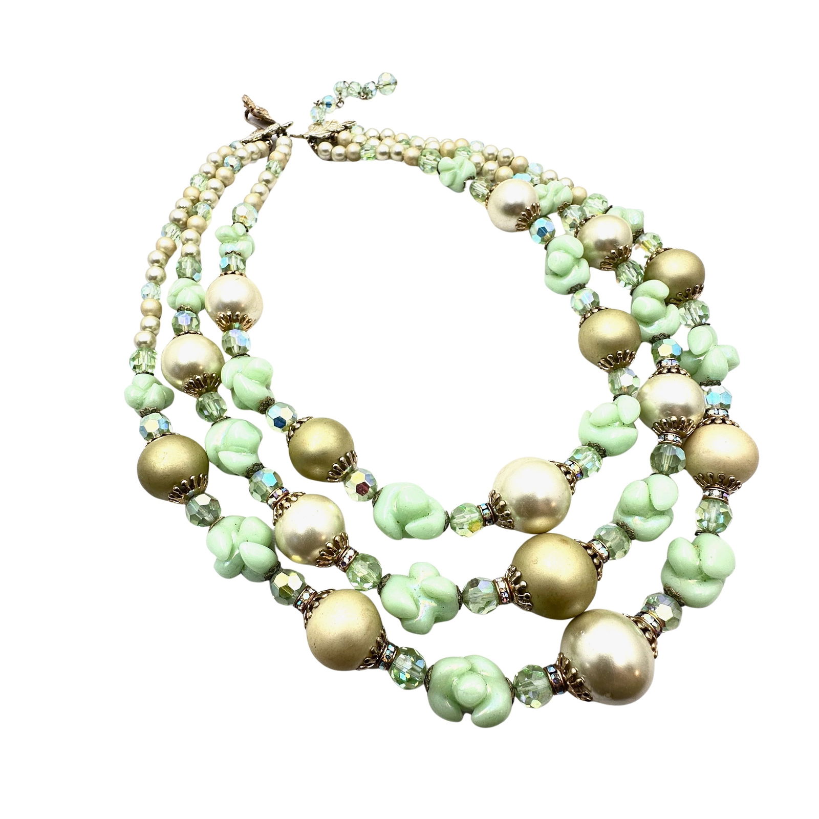 Vintage Vendome Light Green Czech Glass And Faux Pearl Multi Strand Necklace 17 Inch (1 of 2)