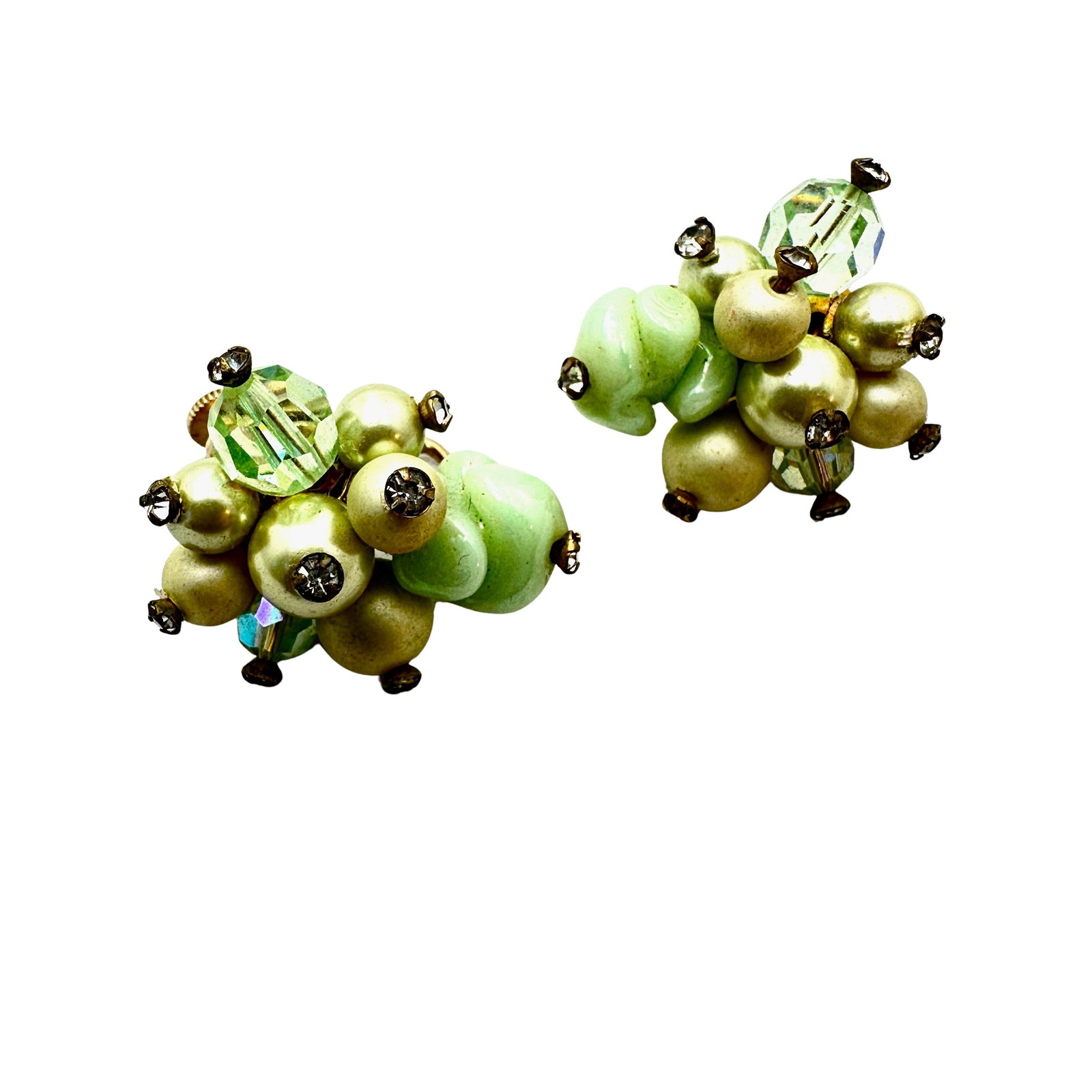 Vintage Vendome Light Green Czech Glass And Faux Pearl Clip Earrings 1 Inch: Vintage Vendome Light Green Czech Glass And Faux Pearl Clip Earrings 1 Inch