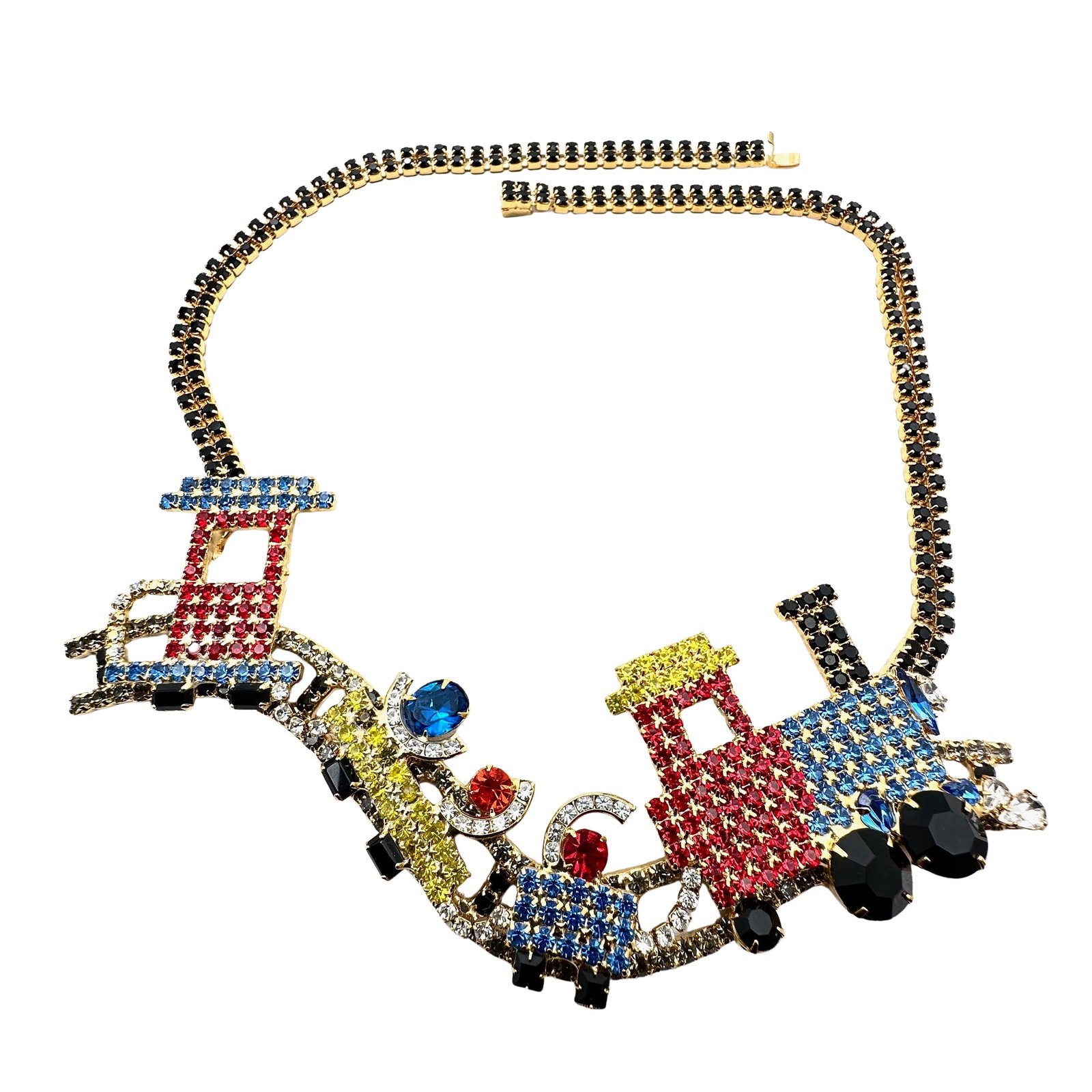 Vintage Rare Dorothy Bauer Red Blue Yellow Glass Rhinestone Train Gold Tone Necklace Collectible 6": Vintage Rare Dorothy Bauer Red Blue Yellow Glass Rhinestone Train Gold Tone Necklace Collectible 6" Train 16" Chain Mint Condition