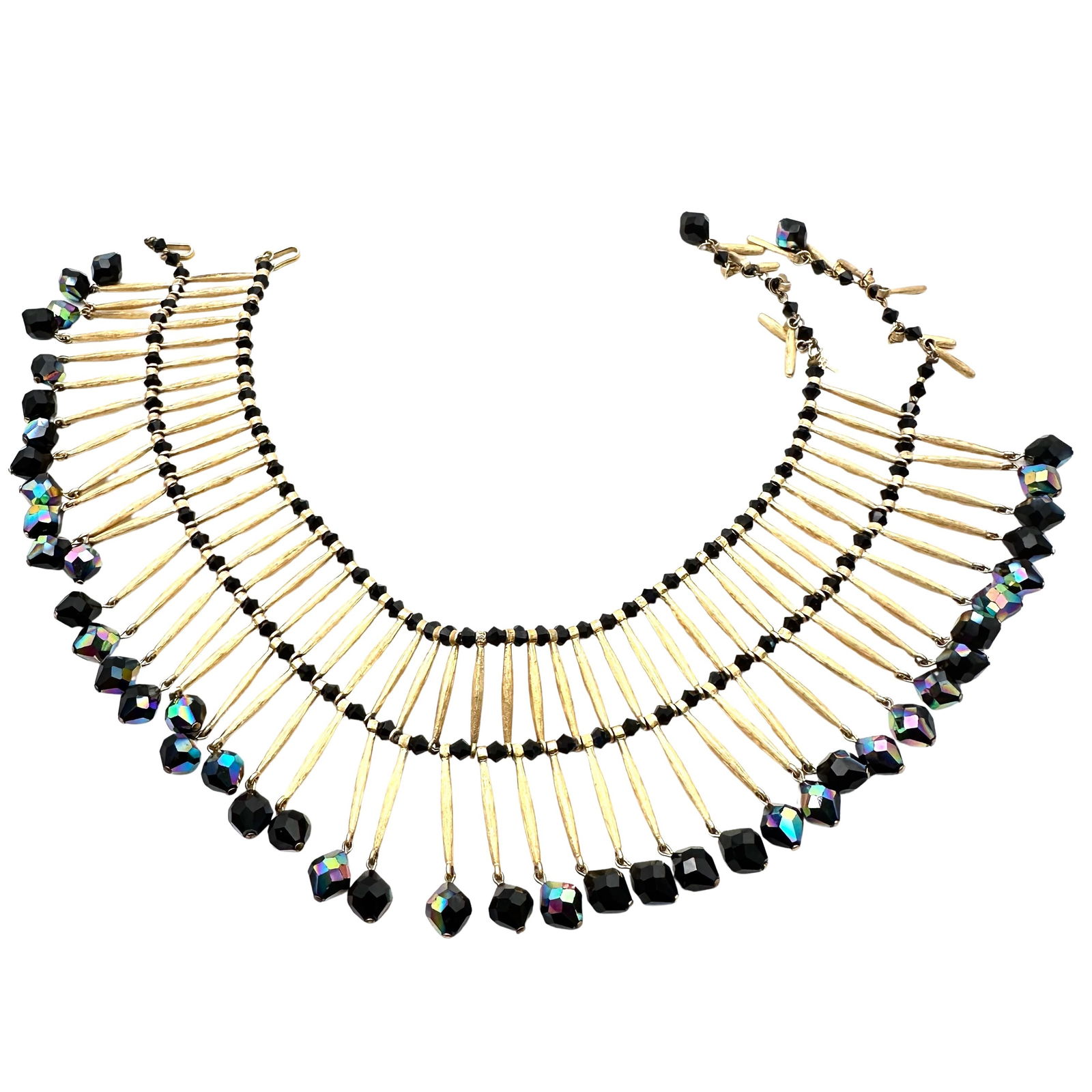 Vintage Trifari Egyptian Revival Black Glass Bead Gold Tone Statement Necklace 16 Inch (1 of 3)