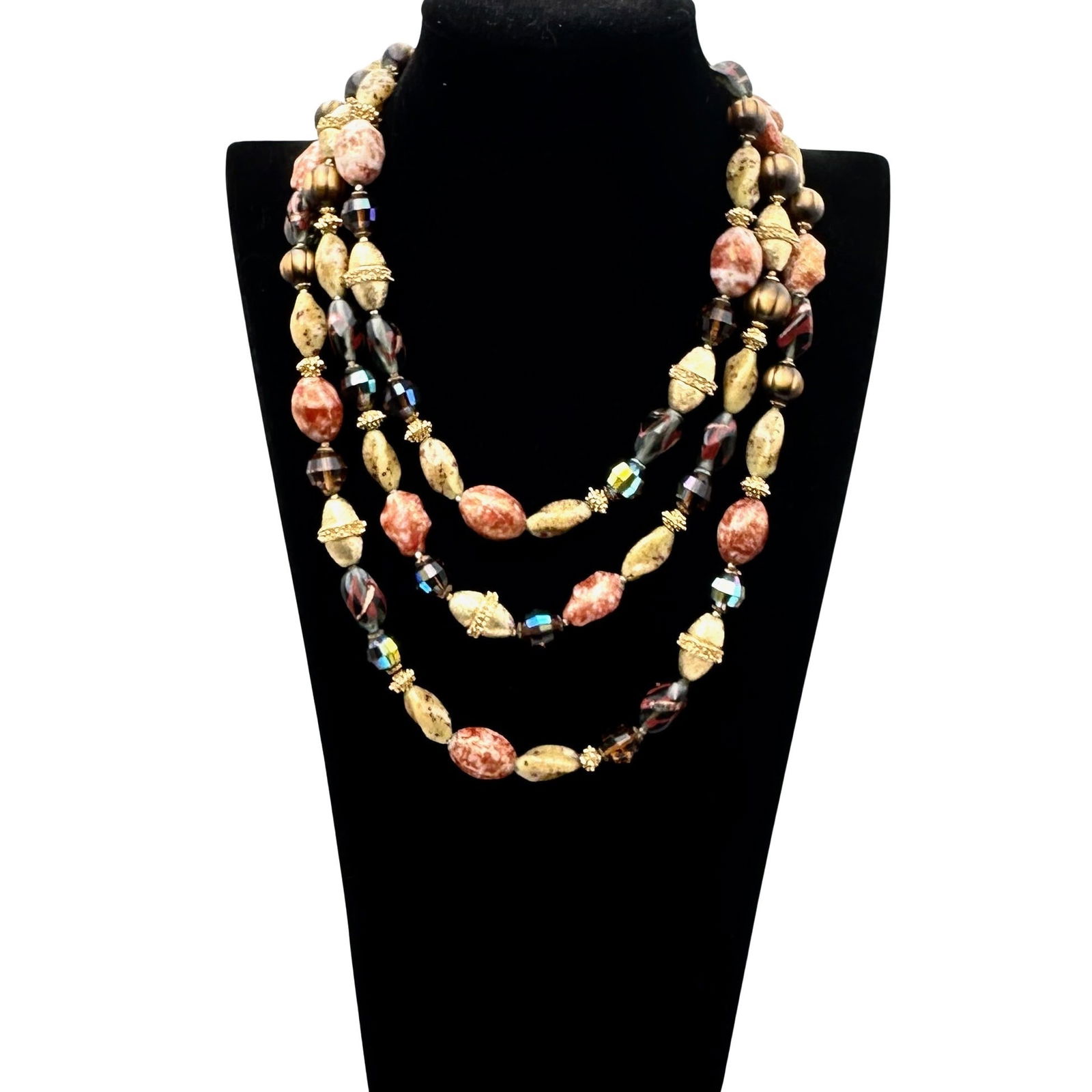Vintage Trifari Three Strand Art Glass Bead Crystal Statement Gold Tone Necklace 17 Inch: Vintage Trifari Three Strand Art Glass Bead Crystal Statement Gold Tone Necklace 17 Inch