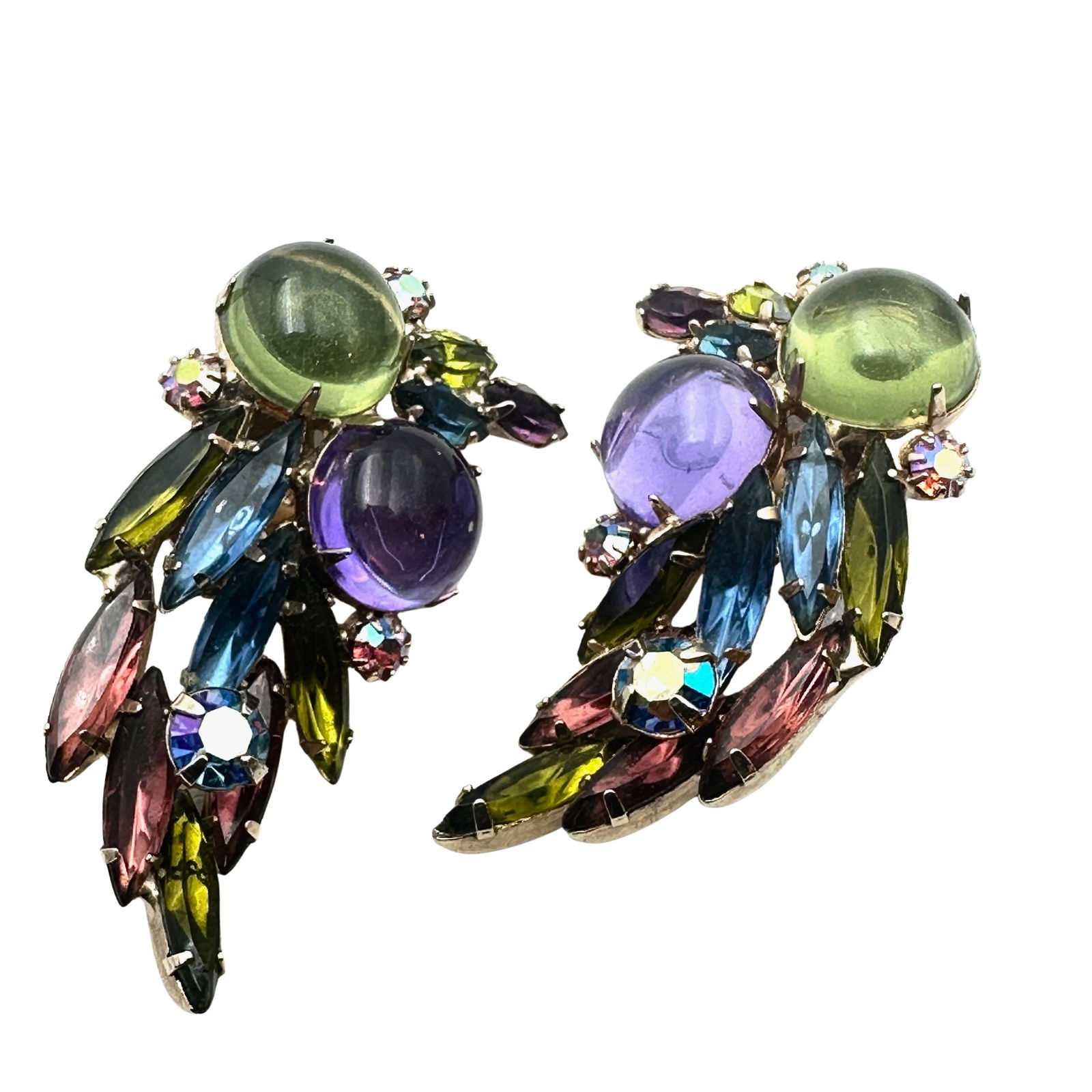 Vintage Unsigned Alice Caviness Multicolor Bubble Glass Rhinestone Gold Tone Clip Earrings 2 Inch (1 of 2)