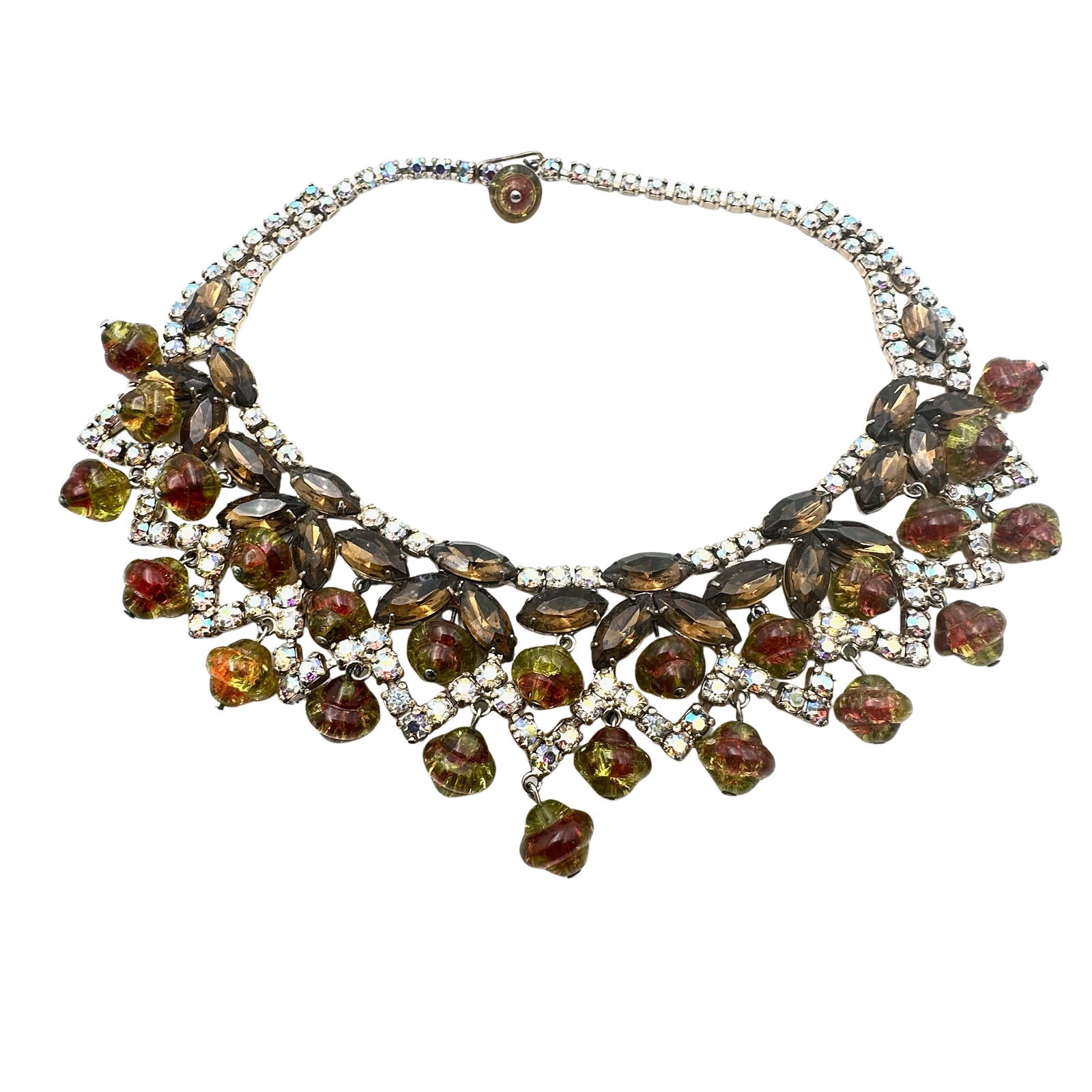 Vintage Juliana Amber Swirl Glass Rhinestone And Saucer Bead Gold Tone Bib Necklace 16 Inch: Vintage Juliana Amber Swirl Glass Rhinestone And Saucer Bead Gold Tone Bib Necklace 16 Inch