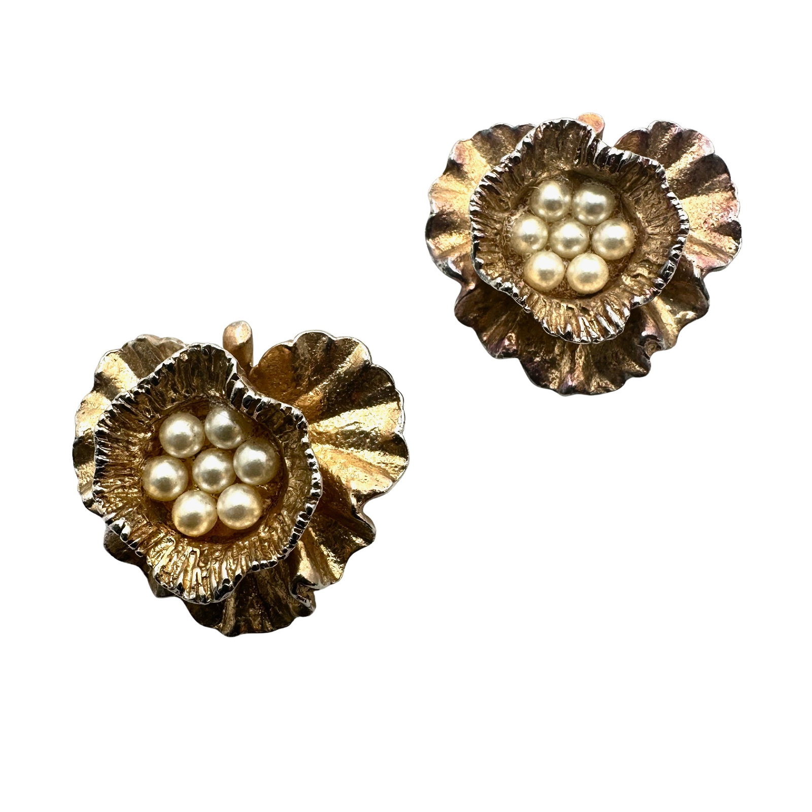 Vintage High End Faux Pearl Gold Tone Flower Clip Earrings 1 Inch: Vintage High End Faux Pearl Gold Tone Flower Clip Earrings 1 Inch