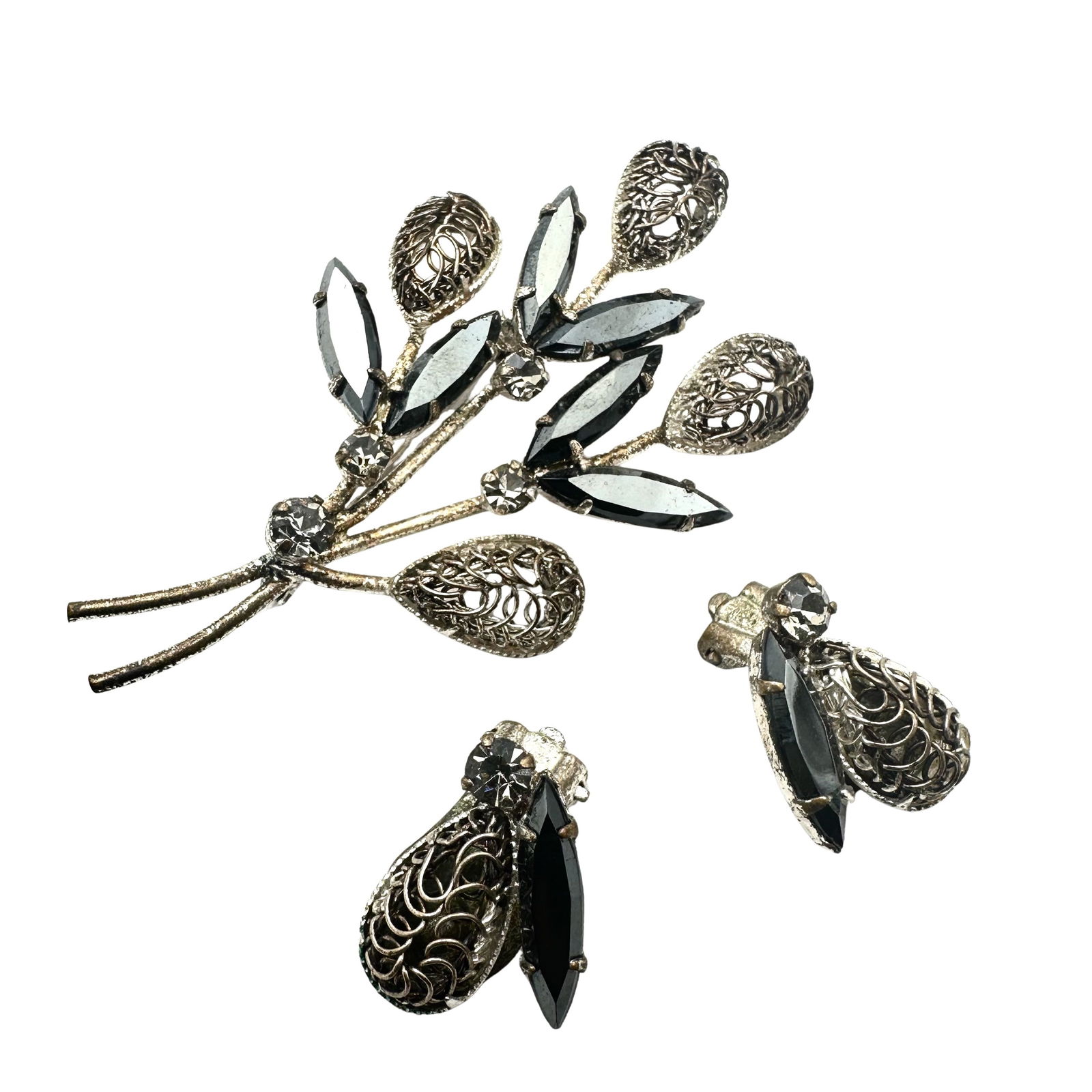 Vintage Austria Black Glass Rhinestone Silver Tone Flower Brooch And Clip Earrings Set (1 of 2)