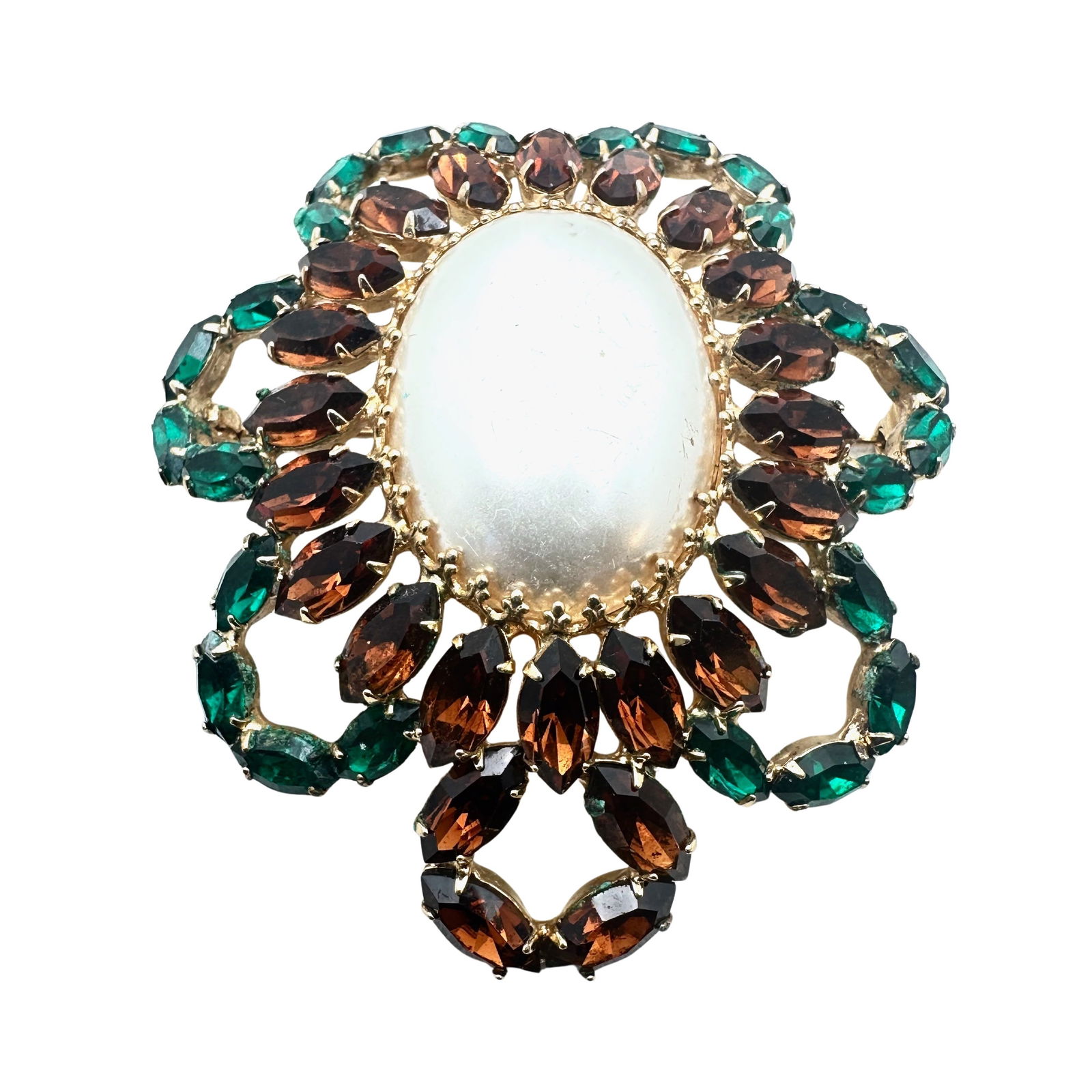 Vintage Vendome Green Amber Glass Rhinestone Faux Pearl Gold Tone Brooch Pin 2.5 Inch: Vintage Vendome Green Amber Glass Rhinestone Faux Pearl Gold Tone Brooch Pin 2.5 Inch