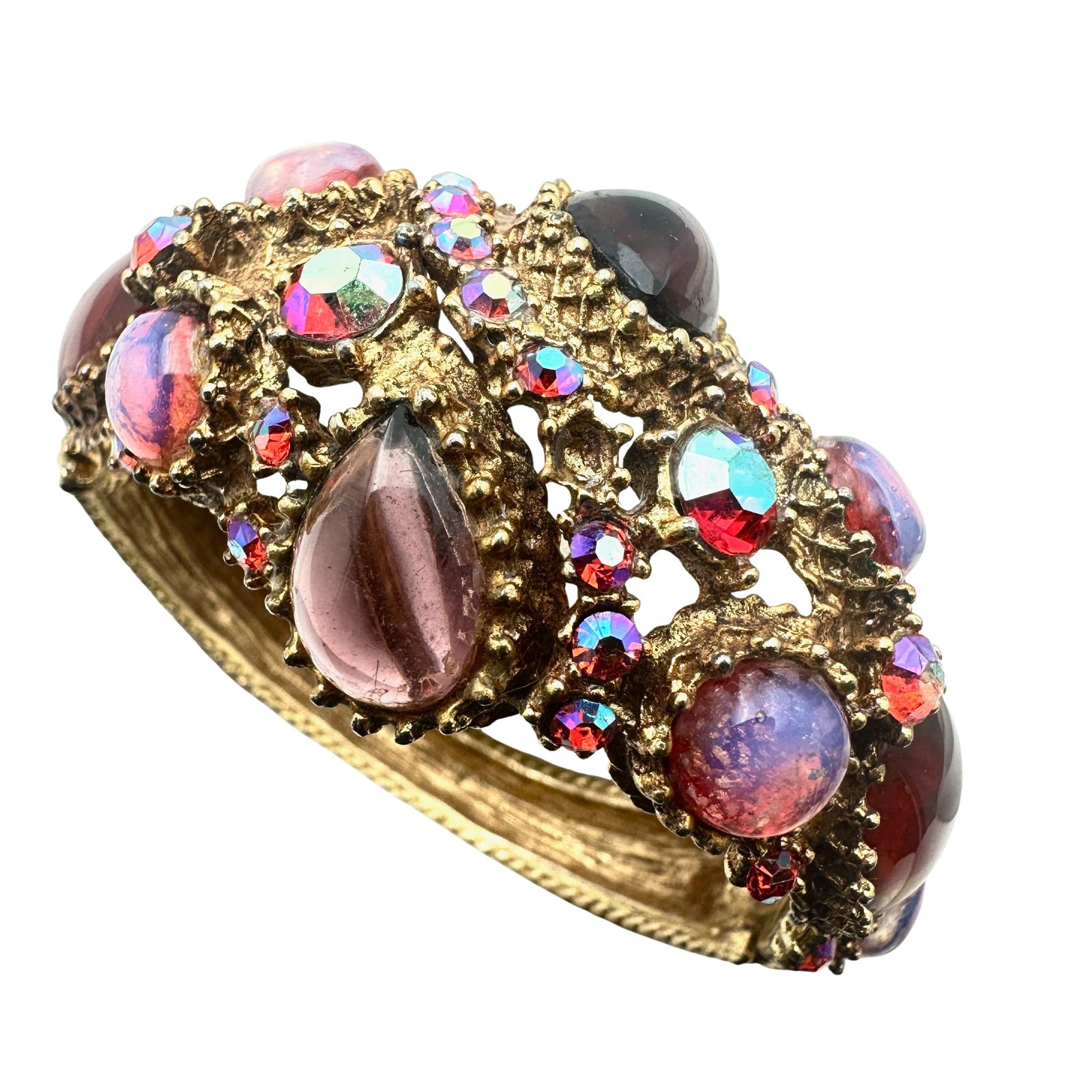 Vintage Unsigned Alice Caviness Pink Dragons Breath Glass Rhinestone Gold Tone Hinged Clamper (1 of 2)