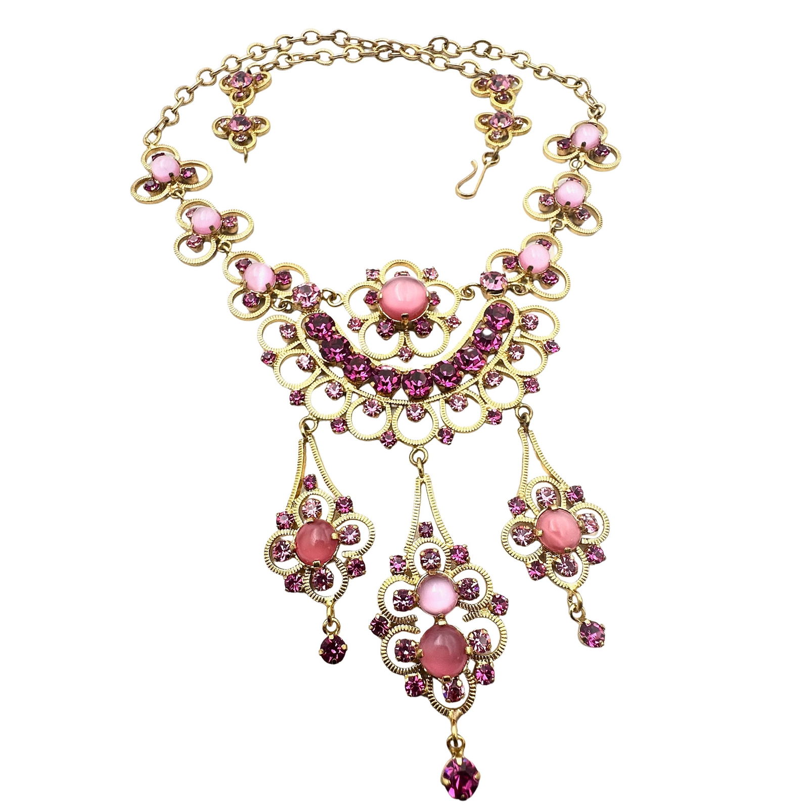 Vintage Austria Rare Pink Glass Rhinestone Gold Tone Statement Necklace 18 Inch (1 of 3)