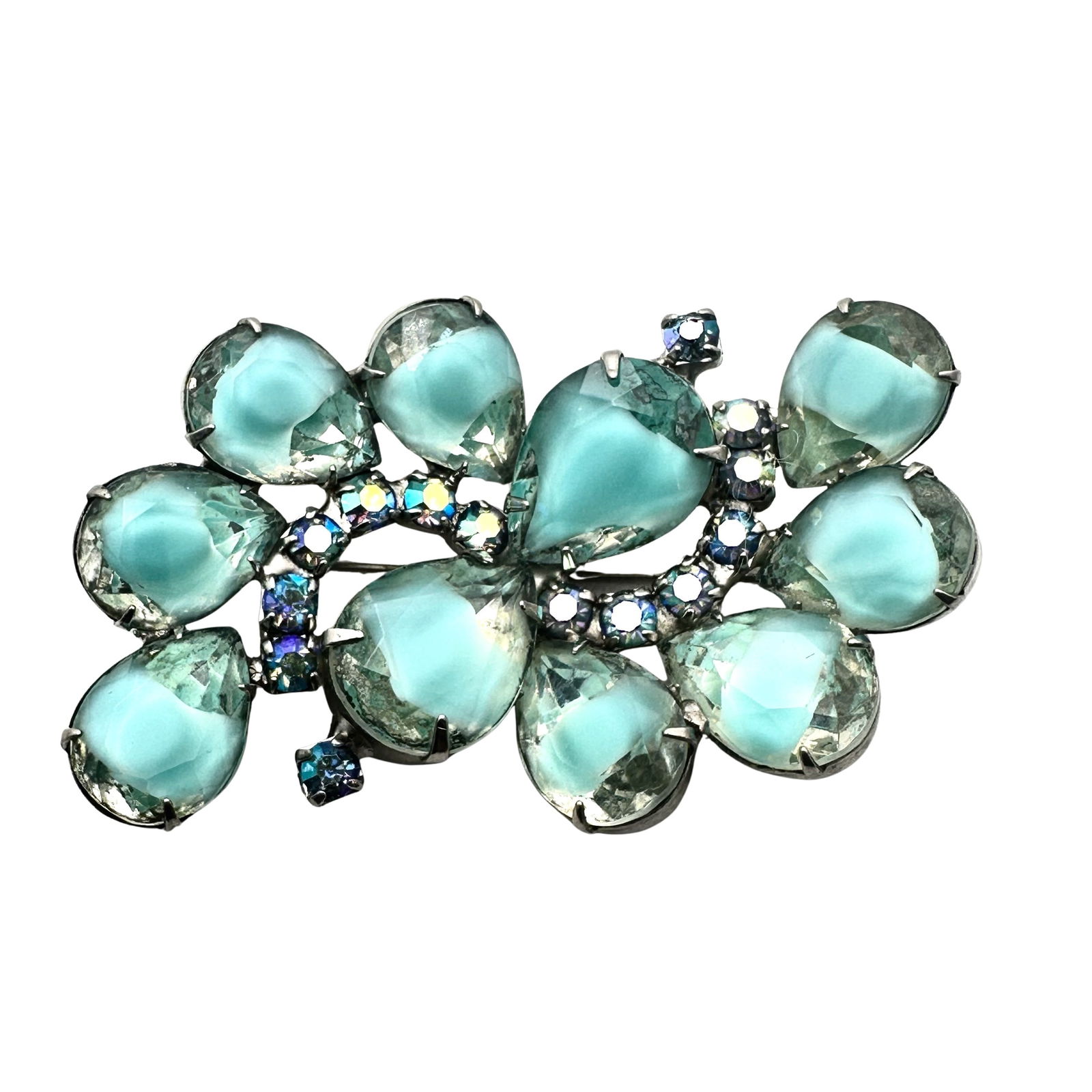 Vintage Juliana Aqua Blue Striped Glass Rhinestone Silver Tone Brooch Pin 2.75 Inch (1 of 2)