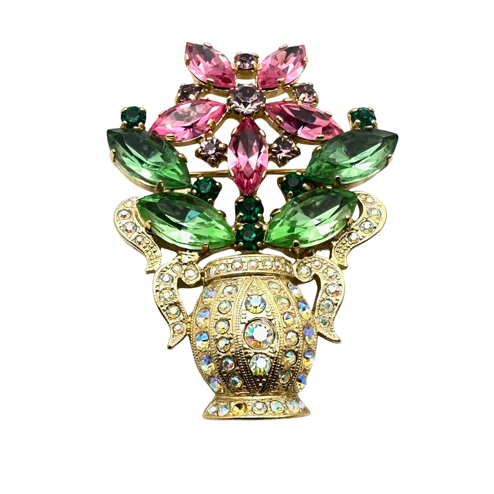 Vintage 1990s Suzanne Bjontegard Pink Green Glass Rhinestone Flower Gold Tone Brooch Pin 2.75 Inch: Vintage 1990s Suzanne Bjontegard Pink Green Glass Rhinestone Flower Gold Tone Brooch Pin 2.75 Inch