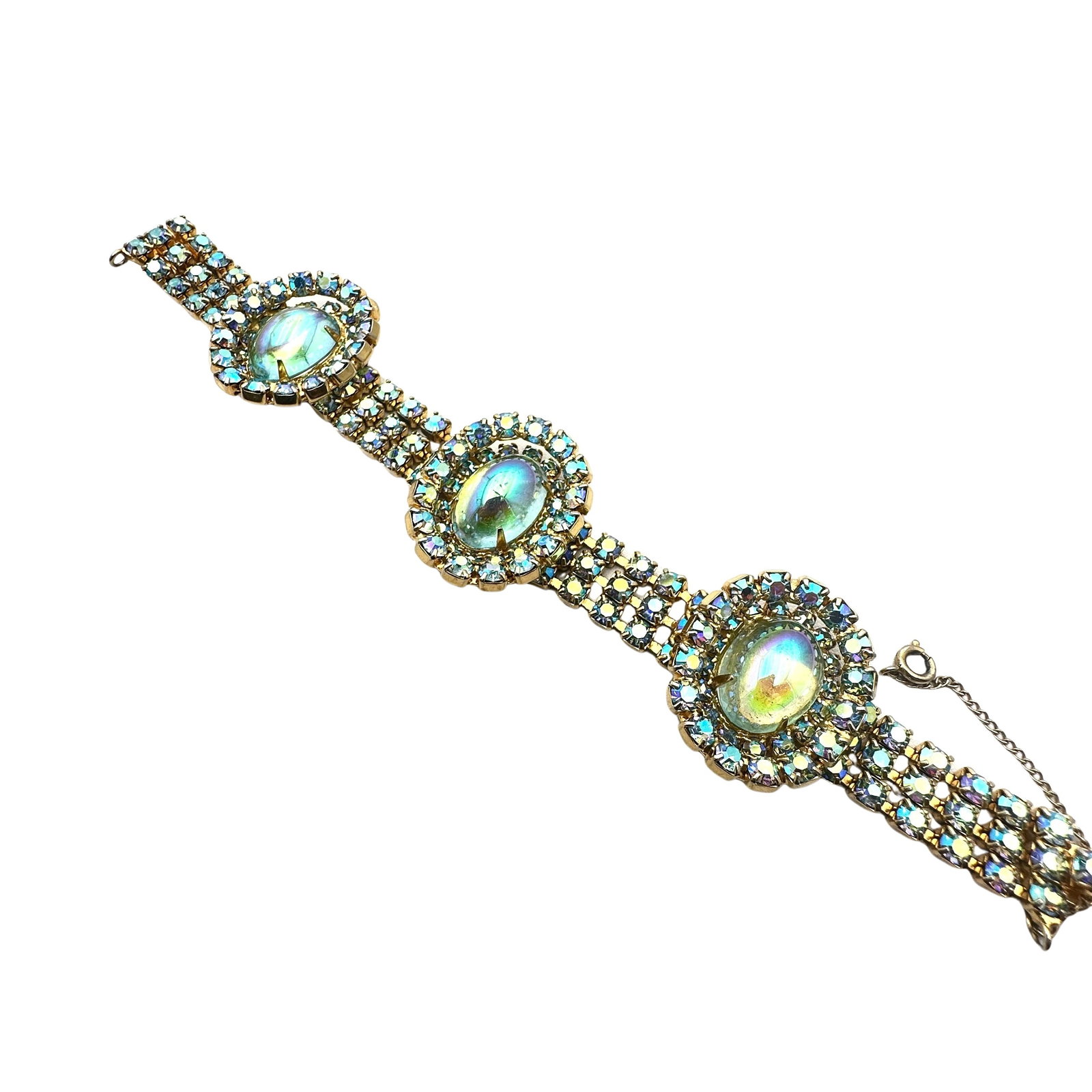Vintage Juliana Opalescent Domed Aurora Borealis Cabochon Rhinestone Gold Tone Bracelet 7 Inch: Vintage Juliana Opalescent Domed Aurora Borealis Cabochon Rhinestone Gold Tone Bracelet 7 Inch