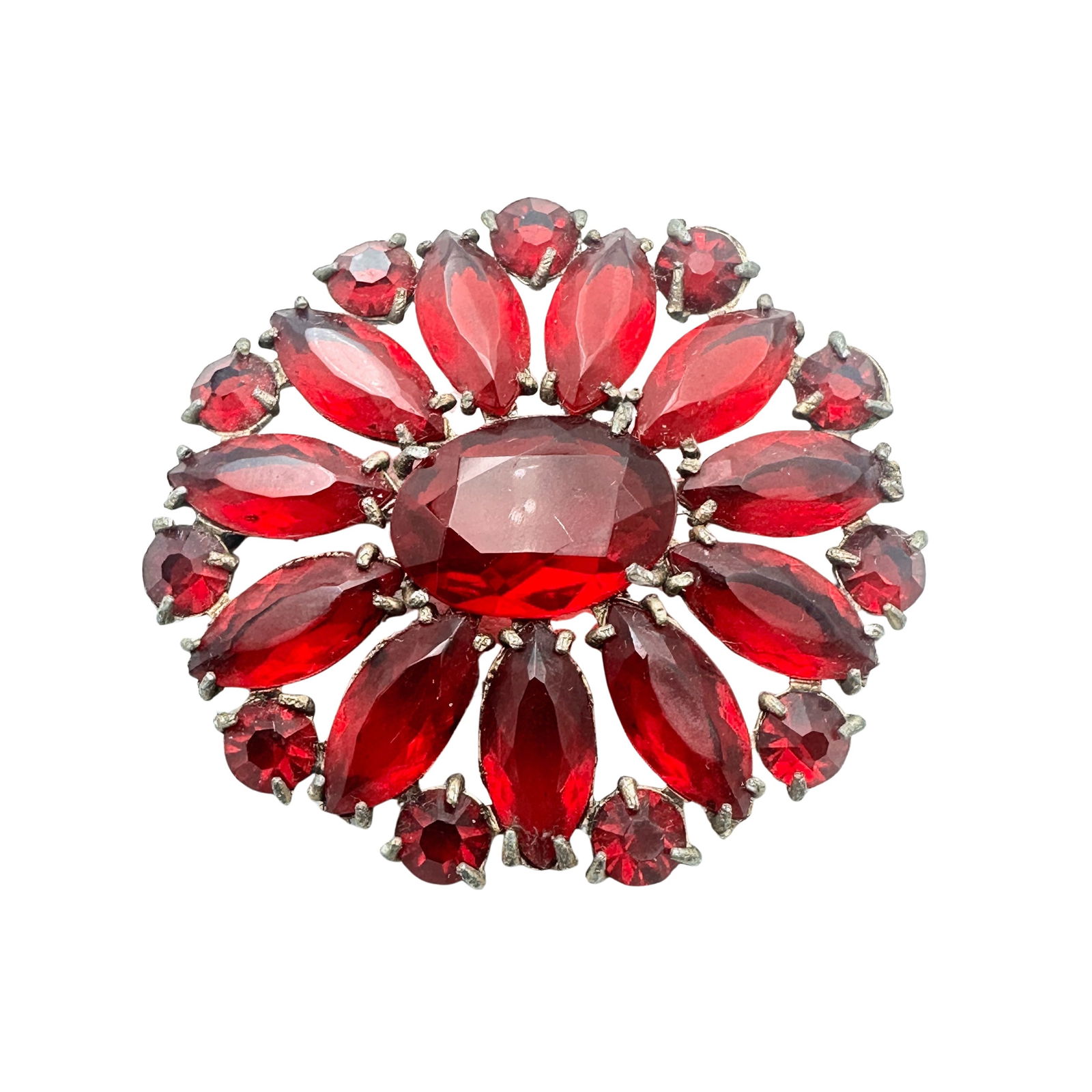 Vintage Red Czech Glass Rhinestone Silver Tone Brooch Pin 2.25 Inch (1 of 2)