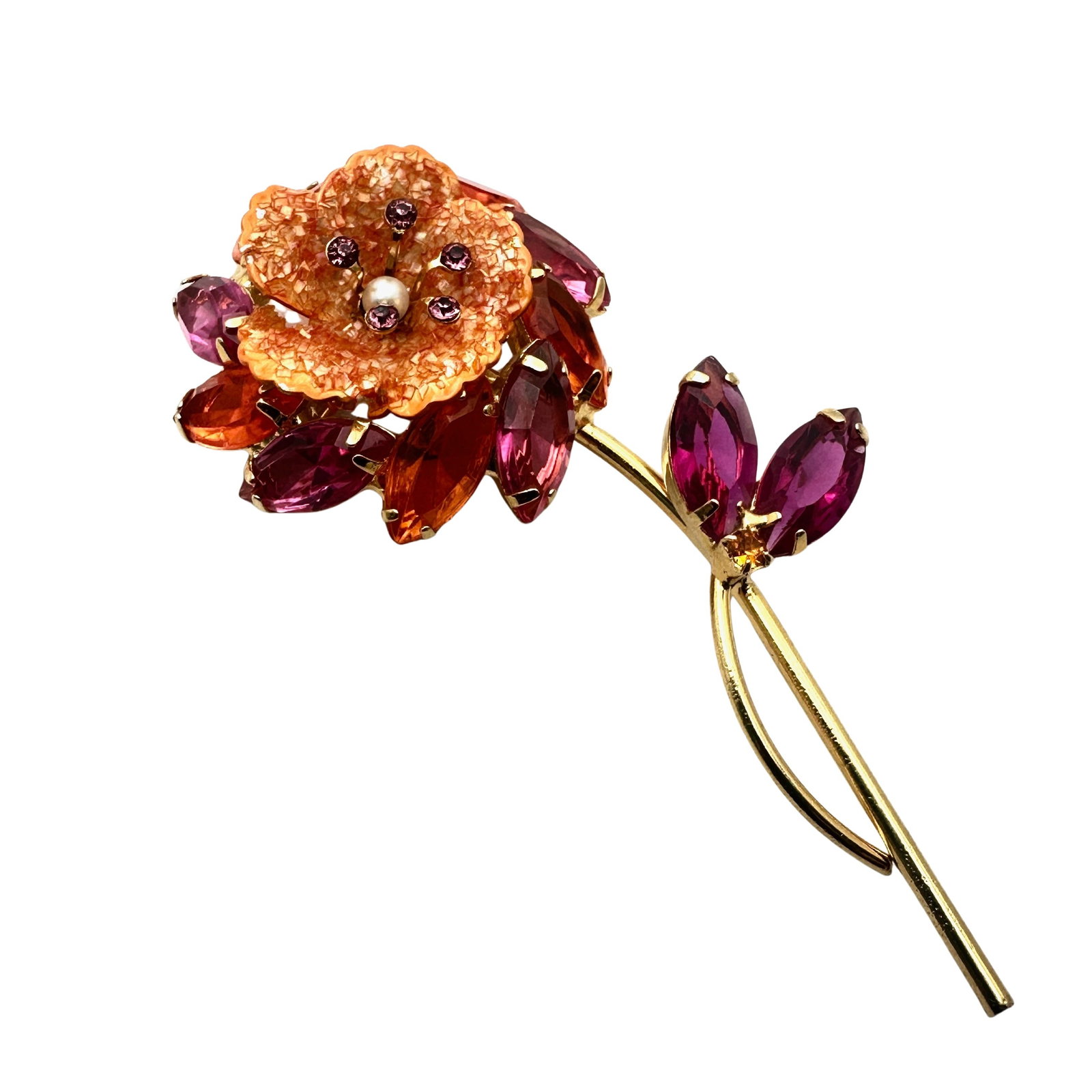 Vintage High End Pink And Orange Glass Rhinestone Gold Tone Flower Brooch Pin 3.5 Inch: Vintage High End Pink And Orange Glass Rhinestone Gold Tone Flower Brooch Pin 3.5 Inch