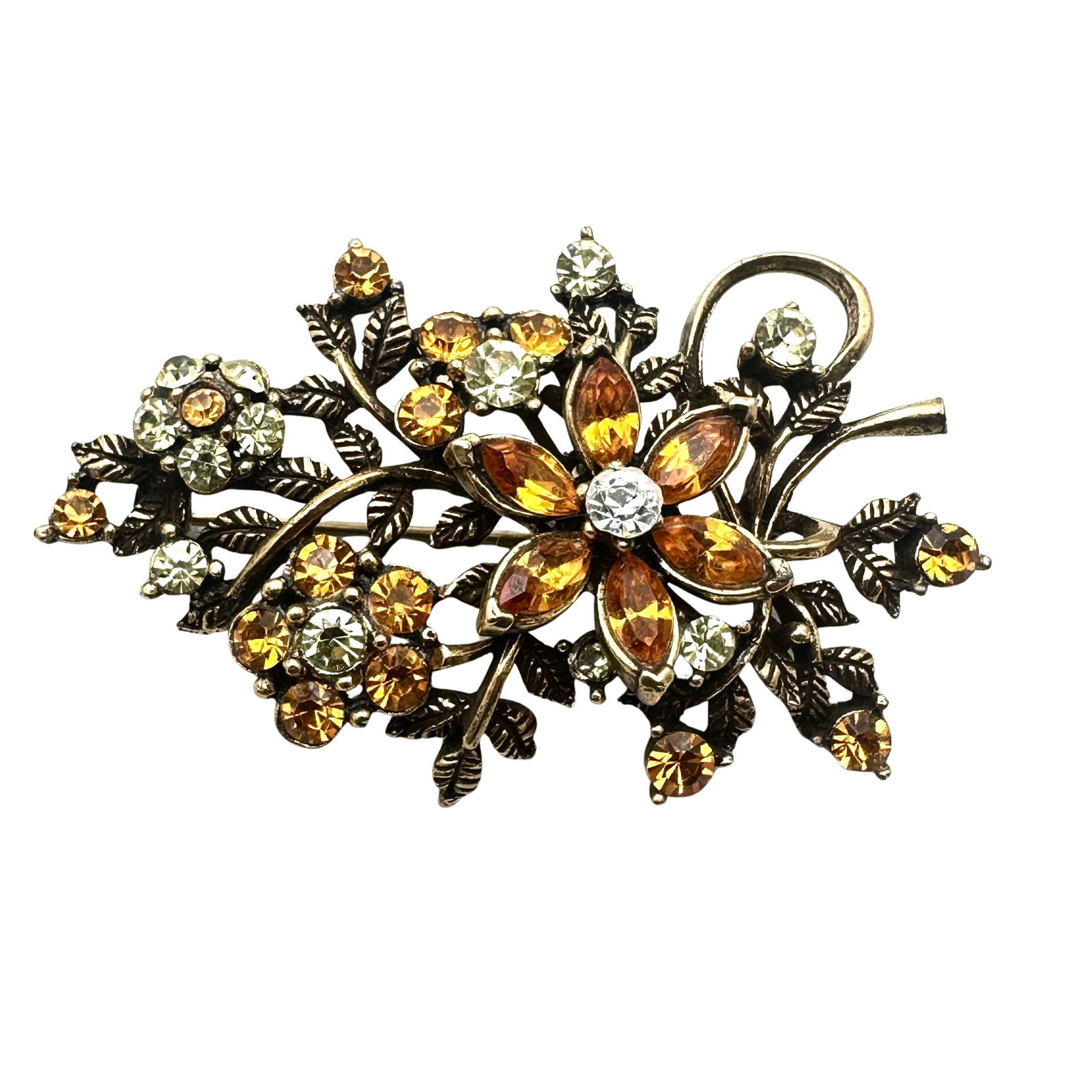 Vintage Unsigned Hollycraft Orange Yellow Glass Rhinestone Flower Brooch Pin 2.5 Inch (1 of 2)