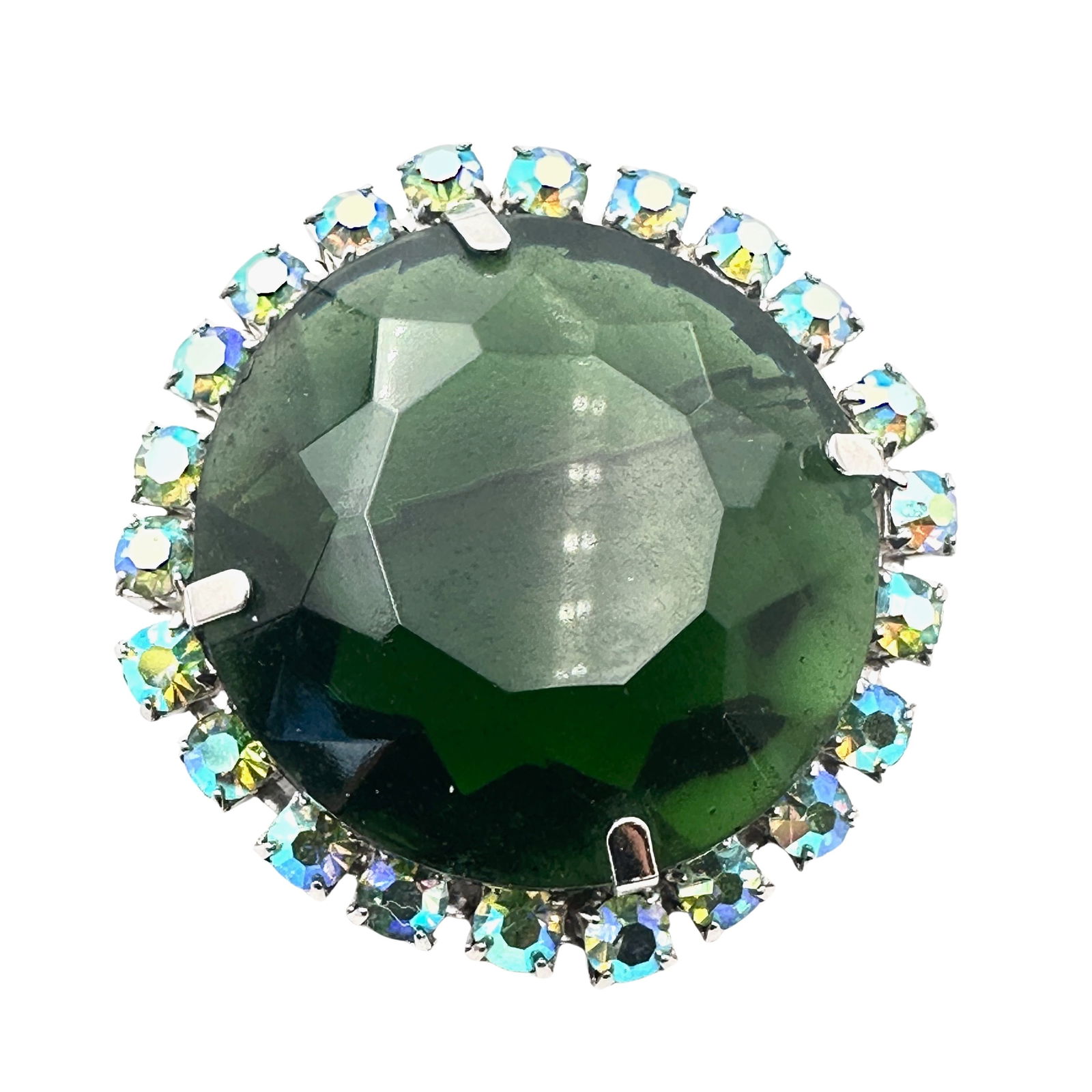 Vintage Emerald Green Glass Stone Aurora Borealis Rhinestone Brooch Pin 2 Inch: Vintage Emerald Green Glass Stone Aurora Borealis Rhinestone Brooch Pin 2 Inch