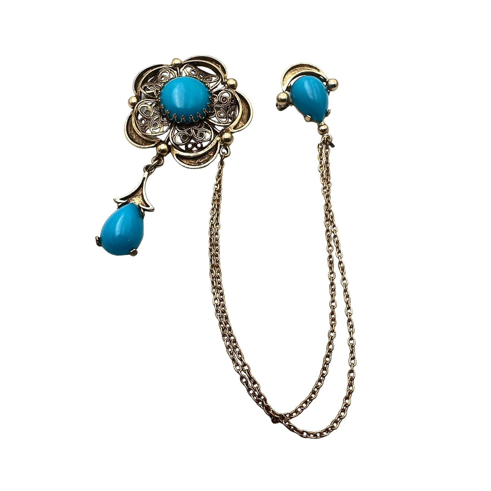 Vintage Weiss Blue Faux Turquoise Cabochon Gold Tone Chatelaine Brooch Pins: Vintage Weiss Blue Faux Turquoise Cabochon Gold Tone Chatelaine Brooch Pins