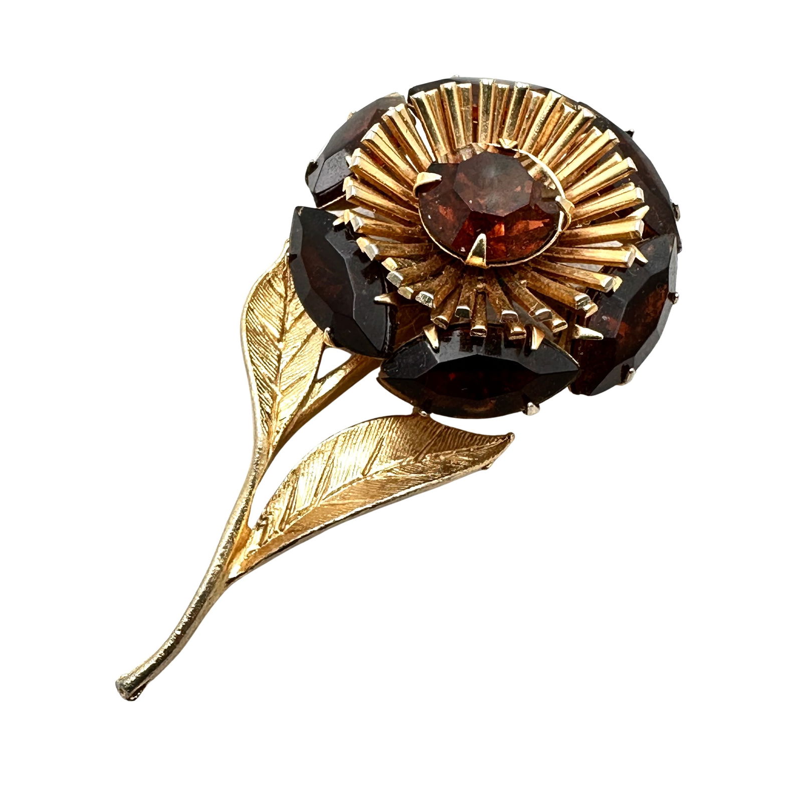 Vintage Amber Glass Rhinestone Gold Tone Flower Brooch Pin 2.5 Inch: Vintage Amber Glass Rhinestone Gold Tone Flower Brooch Pin 2.5 Inch